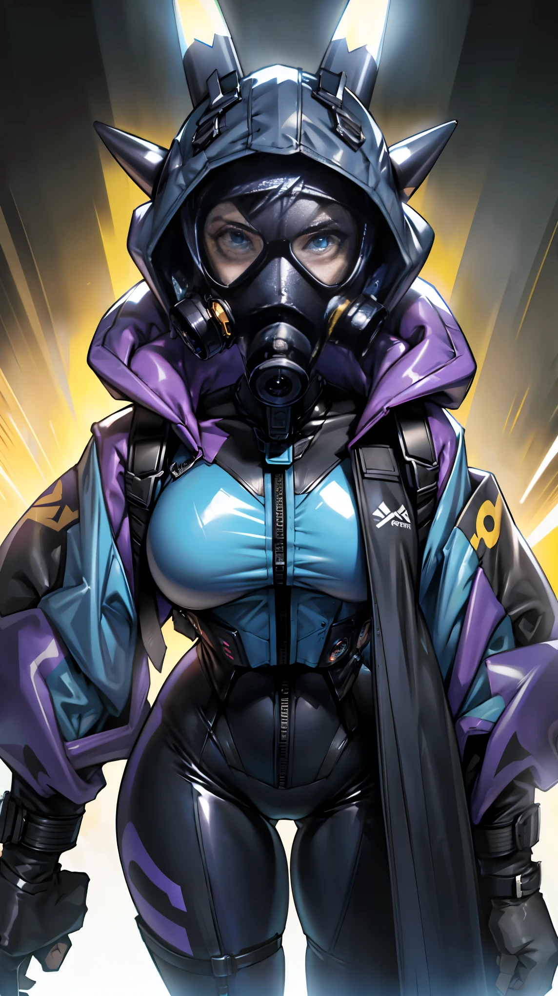 (masterpiece, best quality), futuristic, steelpunk, pastel goth, pastel gas mask, intricate tactical techwear, fashionable, stylish, perfect slim fit body, big breasts, asymmetrical bangs, massive thighs, standing pose, ((full blue latex suit with hood)), legs spread, sweating, renamon, contrapposto, dynamic lighting, extreme close up, ((POV selfie)) good hands 1k