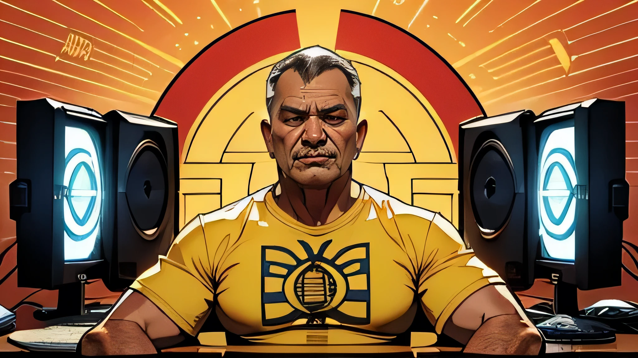 Homem, 40 anos, forte, camisa amarela com um logotipo heroico usando a letra C, em frente ao computador, assistindo YouTube, ambiente futurista, High definition, detalhes precisos, paleta de cor avermelhada.