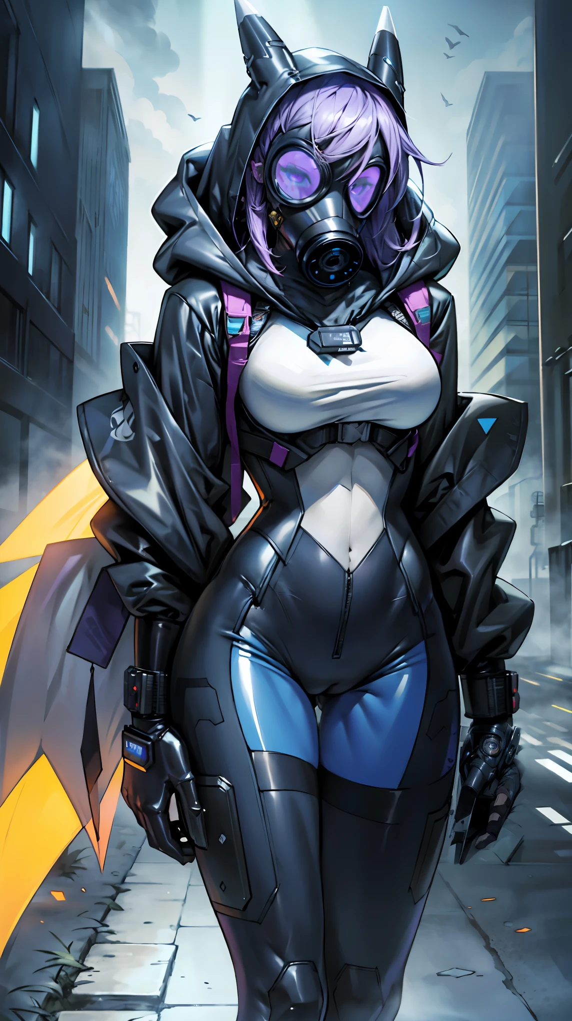 (masterpiece, best quality), futuristic, steelpunk, pastel goth, pastel gas mask, intricate tactical techwear, fashionable, stylish, perfect slim fit body, big breasts, asymmetrical bangs, massive thighs, standing pose, ((full blue latex suit with hood)), legs spread, sweating, renamon, contrapposto, dynamic lighting, extreme close up, ((POV selfie)) good hands 1k