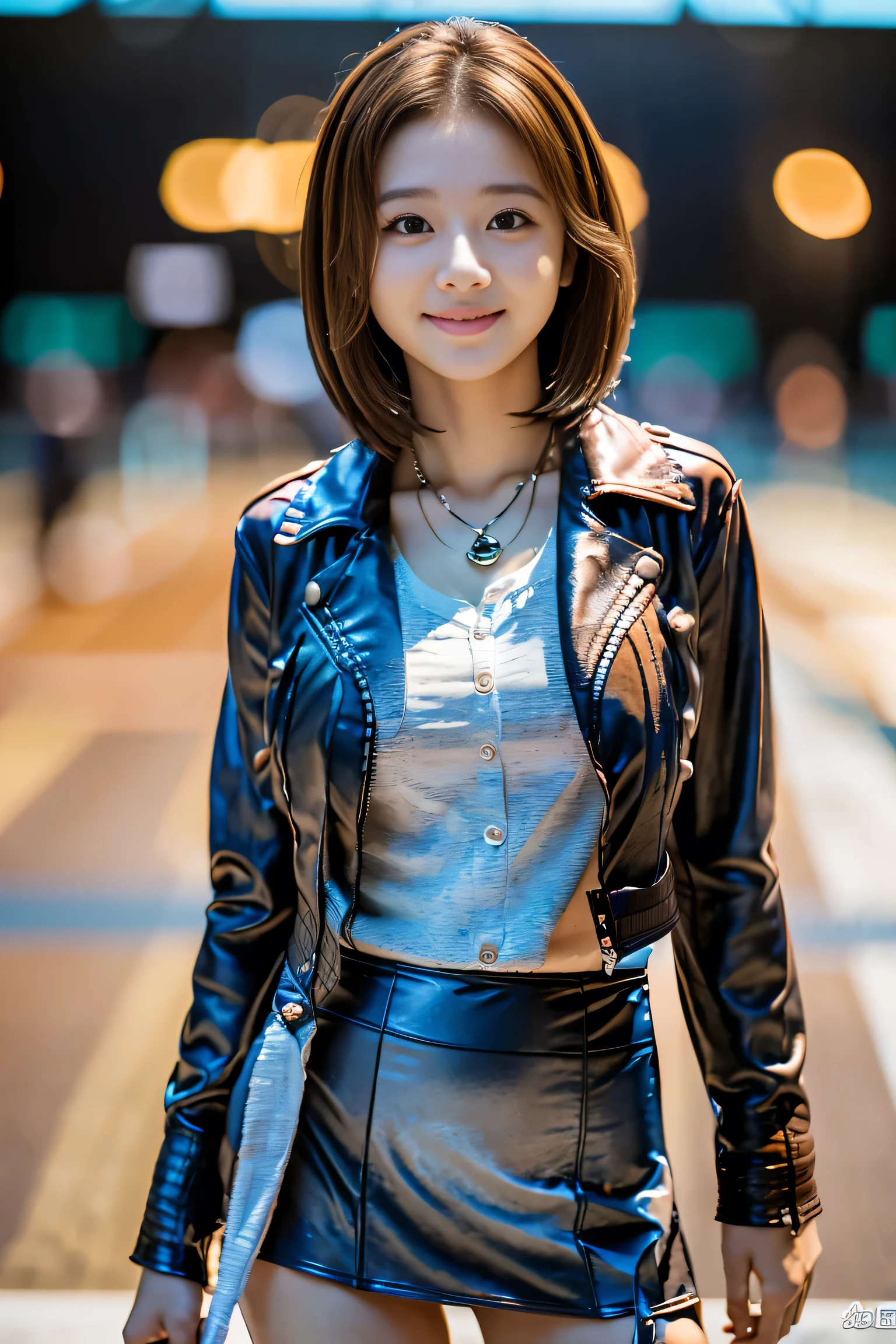 (Full body shot from head to toe:1.5),(18-year-old female),((Mini tight skirt:1.5)), (The best quality at its best:1.4), (Super detailed), (Very detailed CG unified 16k), Beautiful woman with perfect figure: 1.4, Sharp focus: 1.2, Very detailed, High-quality RAW color photos, Professional photography, Great face and eyes, Beautiful eyelashes、(Amazingly beautiful girl),((Leather jacket:1.5)), Are standing, Sexy posture,(airport:1.3), (View from below), Realistic movie faces, Realistic, ((Natural light brown hair color, Realistic blue eyes)),( Short Bob Hair:1.5), (necklace:1.5)、Very beautiful face, Perfect model beauty, Mouth swelling, Highly detailed face and skin texture, double eyelid, Medium chest, smile, (masterpiece), highest quality, High resolution, Very detailed, Blurred Background, Cinema Lighting, Great legs, Clear, well-maintained skin,