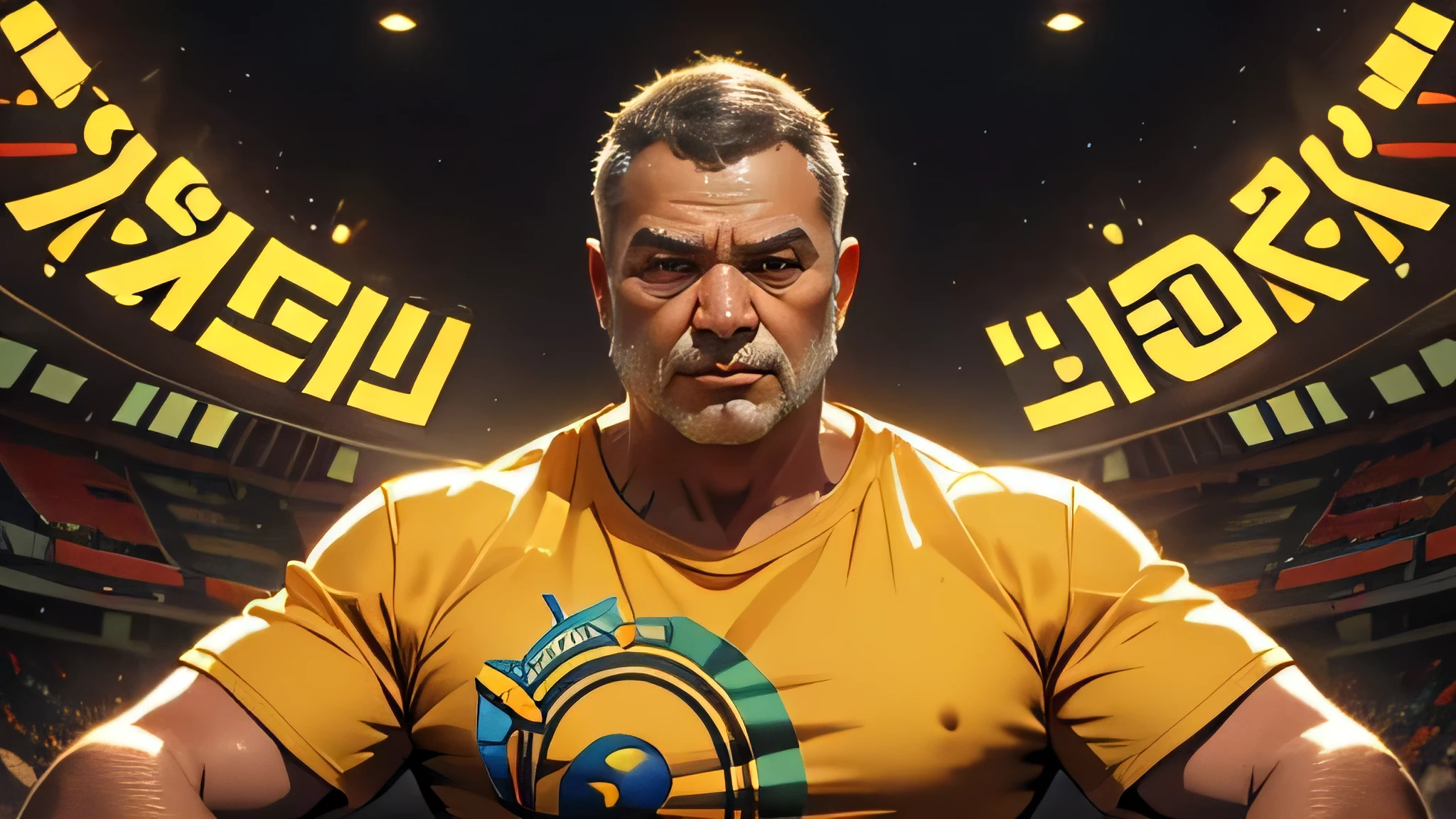 Homem, 40 anos, forte, camisa amarela com um logotipo heroico usando a letra C, em frente ao computador, assistindo YouTube, ambiente futurista, High definition, detalhes precisos, paleta de cor avermelhada.