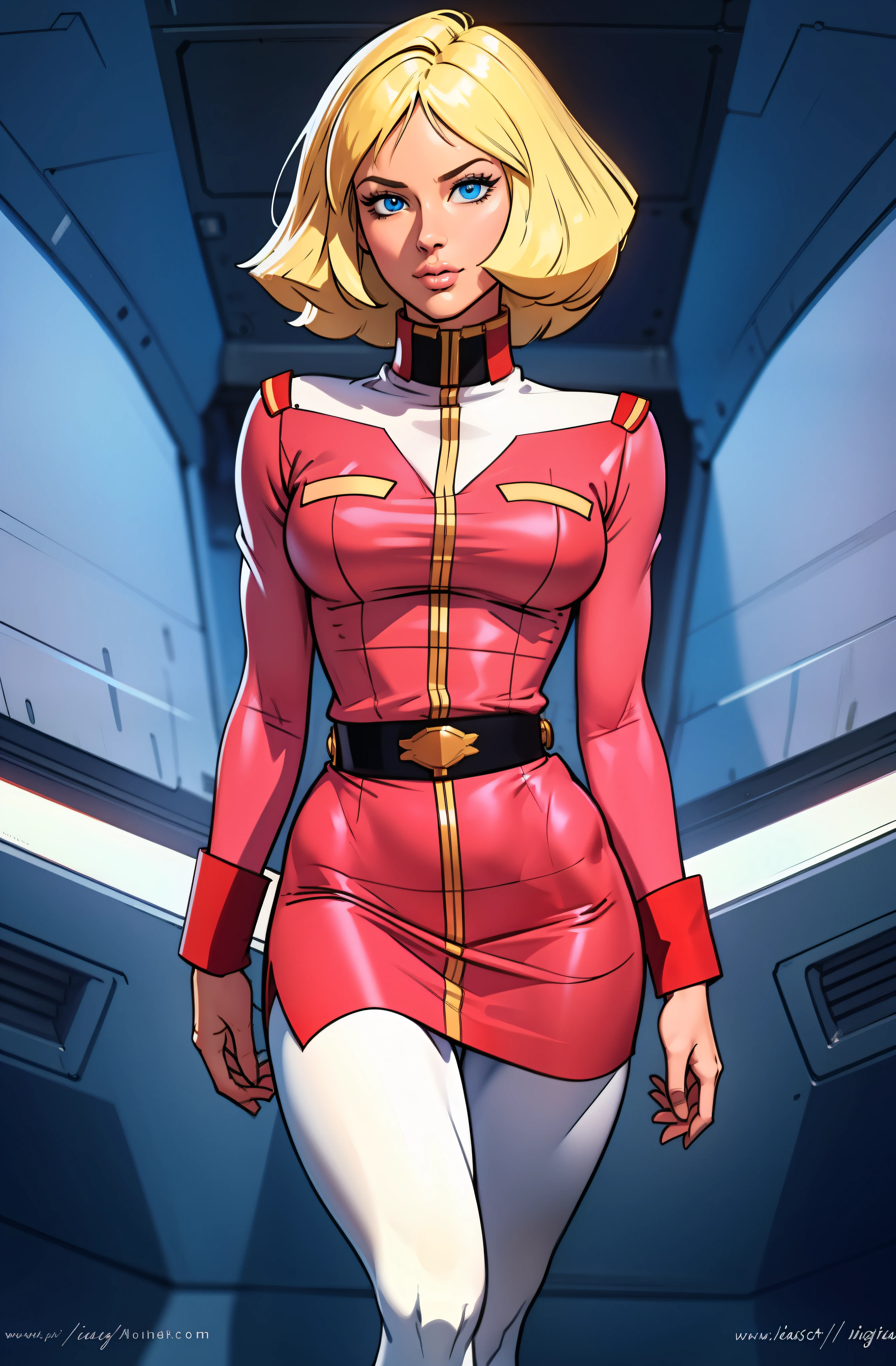 ((masterpiece)), ((cinematic lighting)), realistic photo、Real Images、Top image quality、1girl in, sayla mass, Elegant, masterpiece, Convoluted, slim arms, wide hips, thick thighs, thigh gaps, Best Quality, absurderes, high face detail, Perfect eyes, mature, Cowboy Shot, , Vibrant colors, baby pink uniform, baby pink Skirt, white tights