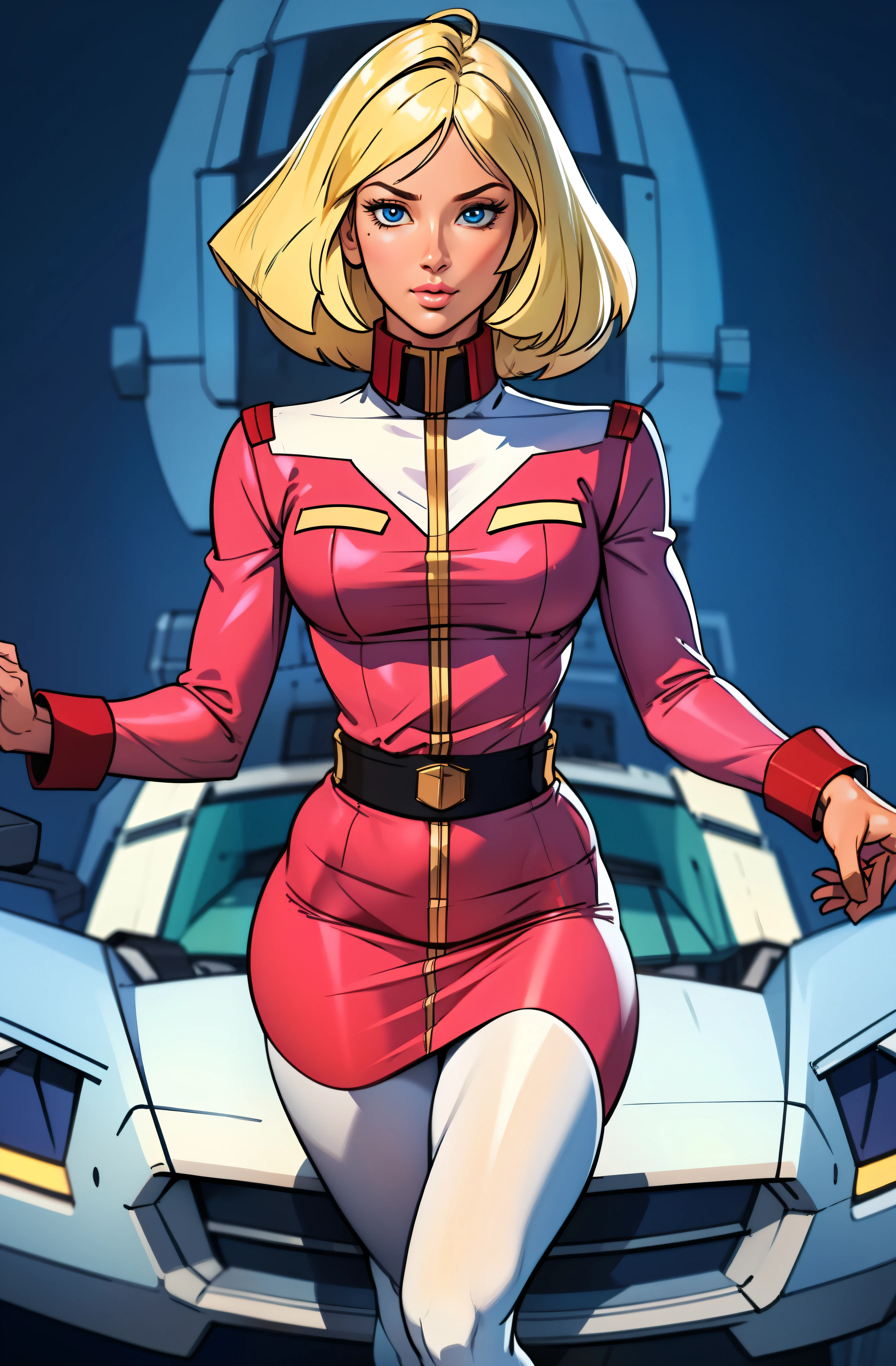 ((masterpiece)), ((cinematic lighting)), realistic photo、Real Images、Top image quality、1girl in, sayla mass, Elegant, masterpiece, Convoluted, slim arms, wide hips, thick thighs, thigh gaps, Best Quality, absurderes, high face detail, Perfect eyes, mature, Cowboy Shot, , Vibrant colors, baby pink uniform, baby pink Skirt, white tights