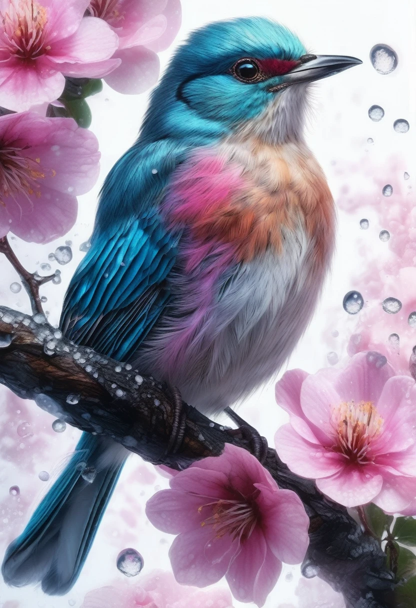 A beautiful hyper-fluffy hyperrealistic bird on a branch with pink flowers and snow. Small water drops, shining. Sunrise. Pastel colors. Intricately detailed, masterpiece, beautiful. Photorealistic, raw image. aesthetic