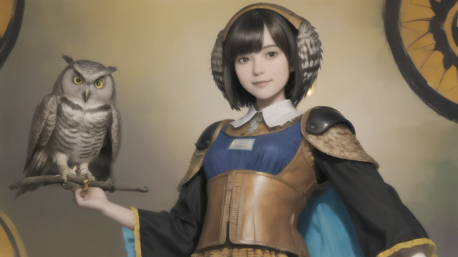 224 Short Hair, 20-year-old woman, A kind smile, (There are also colorful owls), (Rembrandt-style painting), ((machinery suit,Clothes with short sleeves)),I can see your abs