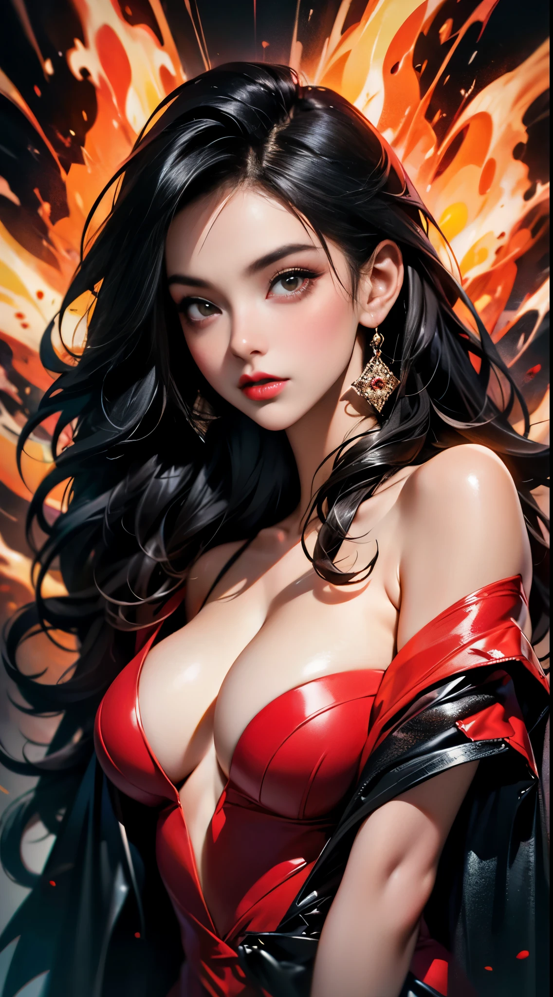 masterpiece, best quality, ultra high res, beautiful, elegant, graceful, award-winning art, 1girl , portrait, half-naked, (style of Yuko Shimizu:1.1), (abstract art:1.2), red lips, silent in chaoodel pose in fashion show, style of rebecca guay, black hair, red fire , cloaked in flames, dark theme, visually stunning, gorgeous