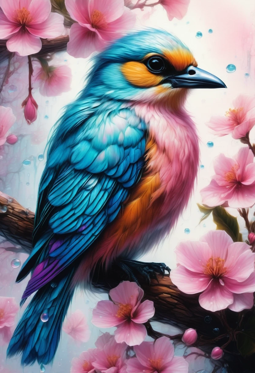 A beautiful hyper-fluffy hyperrealistic bird on a branch with pink flowers and snow. Small water drops, shining. Sunrise. Pastel colors. Intricately detailed, masterpiece, beautiful. Photorealistic, raw image. aesthetic