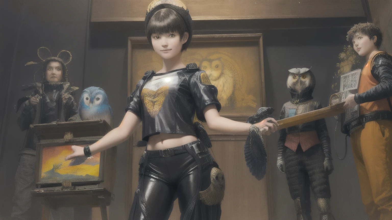 224 Short Hair, 20-year-old woman, A kind smile, (There are also colorful owls), (Rembrandt-style painting), ((machinery suit,Clothes with short sleeves)),I can see your abs