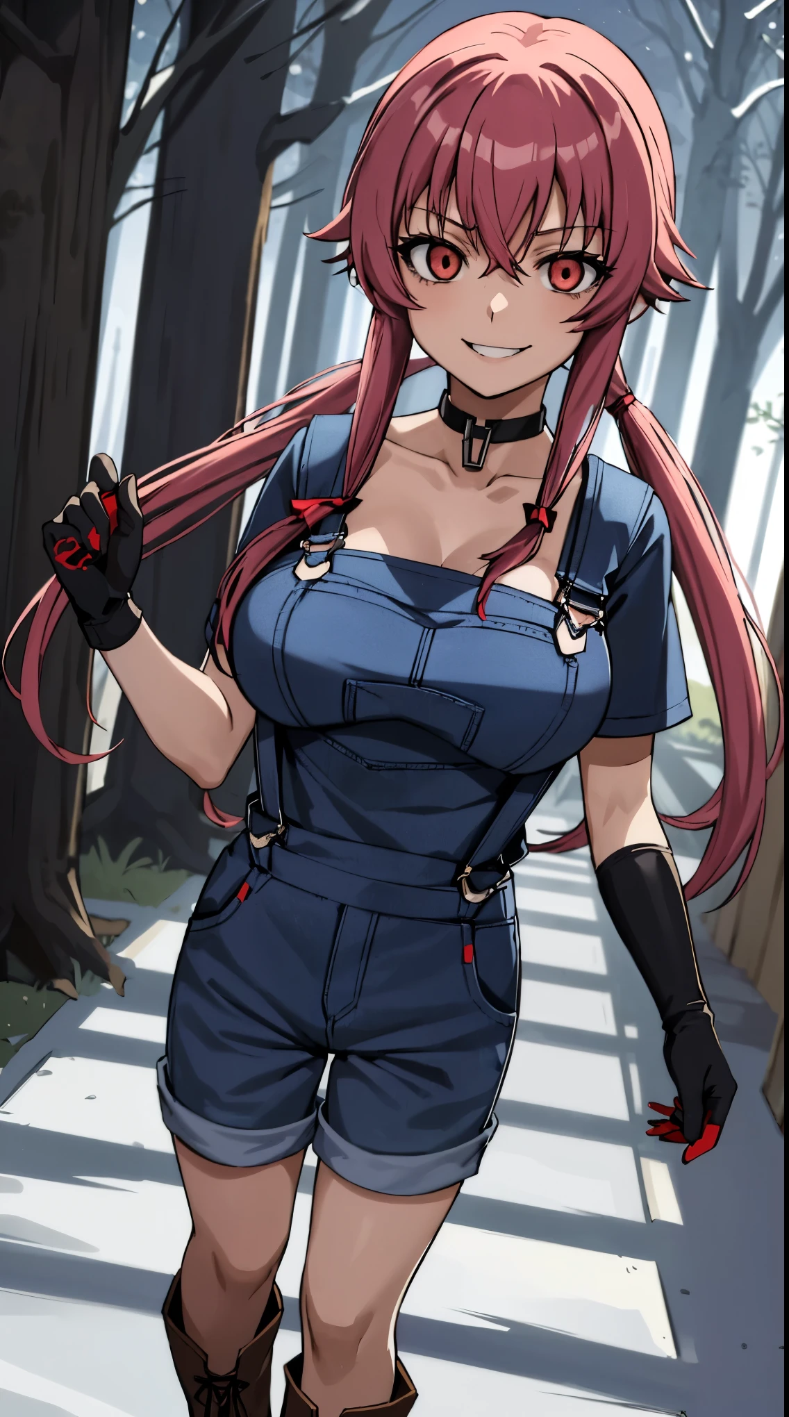 anime_still, masterpiece, best quality, 1girl, Gasai Yuno, long hair, pink hair, low twintails, smile, naked, red eyes, (large breasts:1.5),1girl, black choker, dark grey, (overalls:1.25), leather gloves, black boots, ((nigth:1.5)), (chasing you through the woods BY yuno gasai), moonlight, blood on floor, horror scane, (evil smile:1.4), (evil eyes:1.6), (horror_movies:1.5), (woods:1.6),(dark:1.7), (out_boors), blood on hands,blood stain