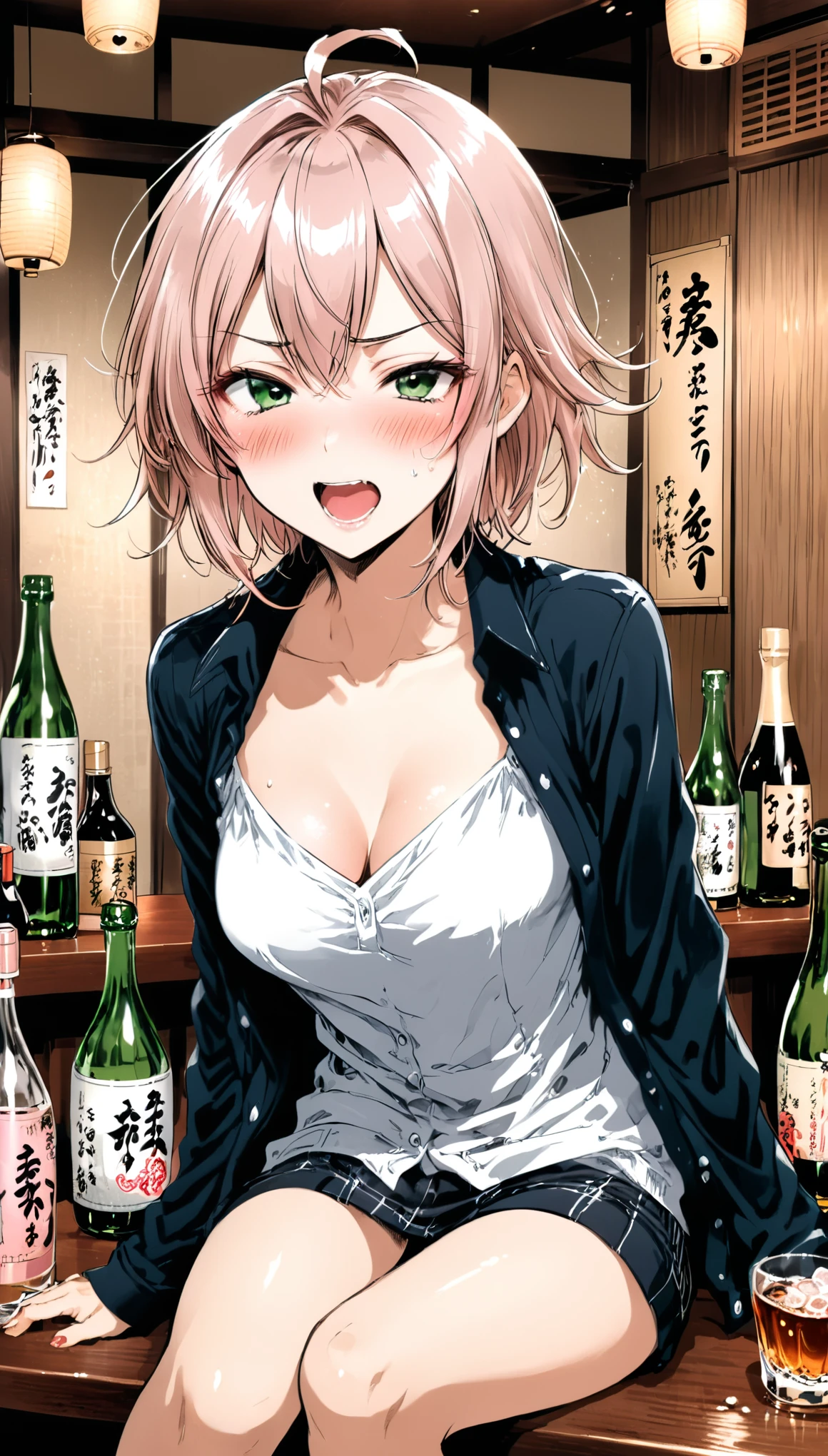 in style of Takeshi Obata,character concept design,half body,girl,Drunken expression,Sake,Bistro,,(drunk:1.6),holding_bottle,sitting_on_table,:d,(blush:1.6),