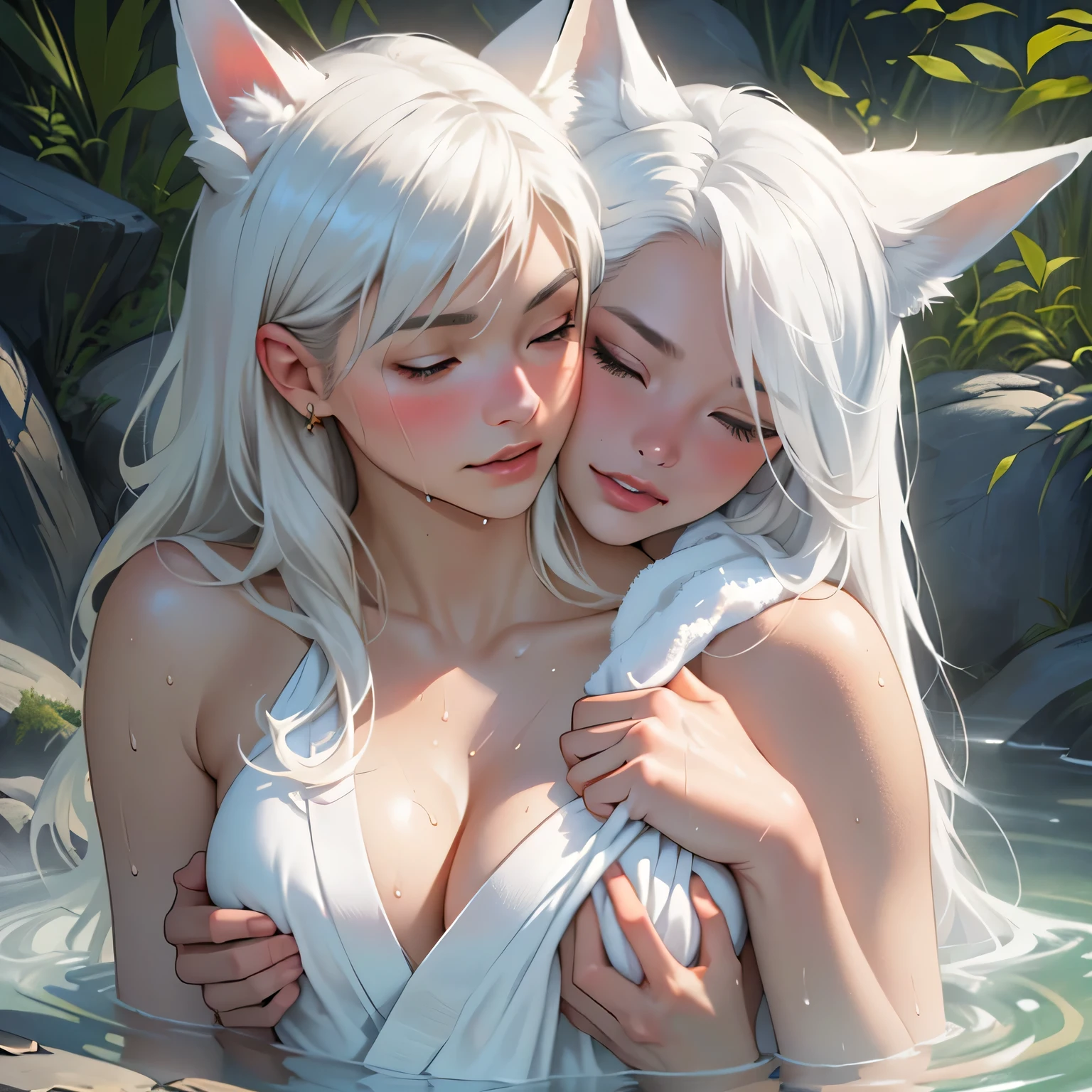 (masterpiece:1.3), (8k, Realistic, RAW Photos, highest quality: 1.4), ((One Japanese woman)), Beautiful Face, (Realistic Face), Beautiful hairstyle, ((Long, narrow eyes)), Realistic eyes, Beautiful fine details, (Realistic Skin), Beautiful Skin, Absurd, Charm, Ultra-high resolution, Ultra-realistic, Very detailed, Golden Ratio, (Best Shadow), Cinematic, (Complex:1.4), ((One Priestess)), smile, (vermilion eyeshadow), ((White Fox Ears, Long white hair, Wet Hair)), ((Fair skin)), (Pure white skin:1.1), (Sweat:1.0), (Flushed cheeks), Voluptuous body, ((Immerse yourself in the hot springs up to your chest)), (Large Breasts:1.1), ((Cleavage:1.1)), Alluring, ((Hiding her body with a towel)), ((Staring, Eyes closed, 2 Kissing)), ((Grabbing someone's chest)), barefoot, Old Japanese Shinto Shrine, ((Rising steam)), Early morning sanctuary, (morning haze:1.5), ((Deep in the forest:1.2)), (Mikamiki:1.2), (steam:1.6), cowboy shot
