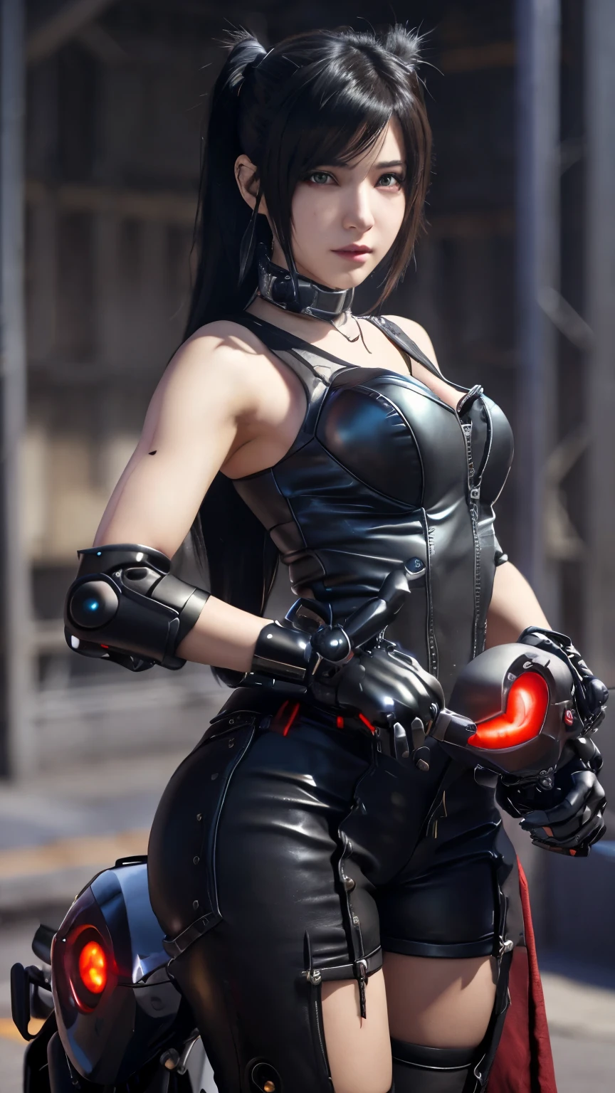 Tifa Lockhart, mksks style, (Highly detailed background:1.0), (Highly detailed background:1.0), Final Fantasy VII Remake, (Red eyes), One girl, Black Hair, (Tifa Rockheart style:1.4), (Cyber motorcycle:1.5)