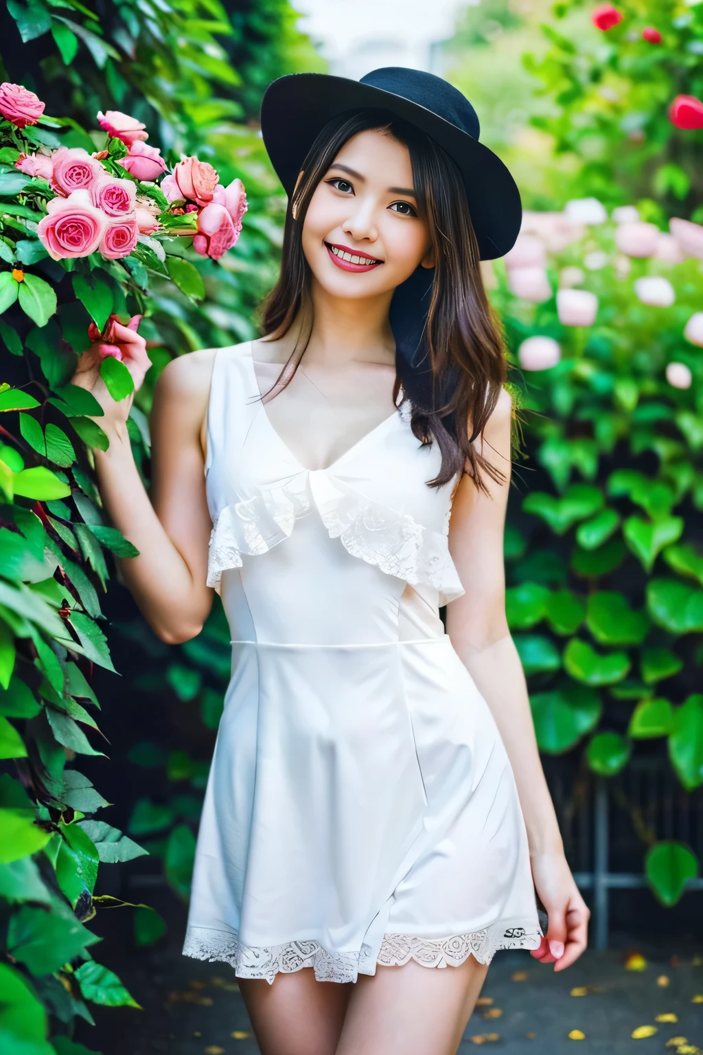 (best quality:1.2),(ultra detailed,highres,HDR,8k,3D,realistic,photorealistic,super fine,effects,official art,detailed background), (very happy smile,young,Japanese,detailed beautiful face), (Happy days),(round face,small face beauty), (dynamic pose:1.3), (head to thighs:1.5), (One-piece dress with a wide open chest: 1.3), (Large hat with a great design: 1.3), (One-piece dress swaying in the wind: 1.2), (Lace in some places), (Cleavage), (Big breasts)((Arch wrapped around fragrant roses), (Maze made of hedges full of roses), (Open garden with various types of roses blooming):1.3)