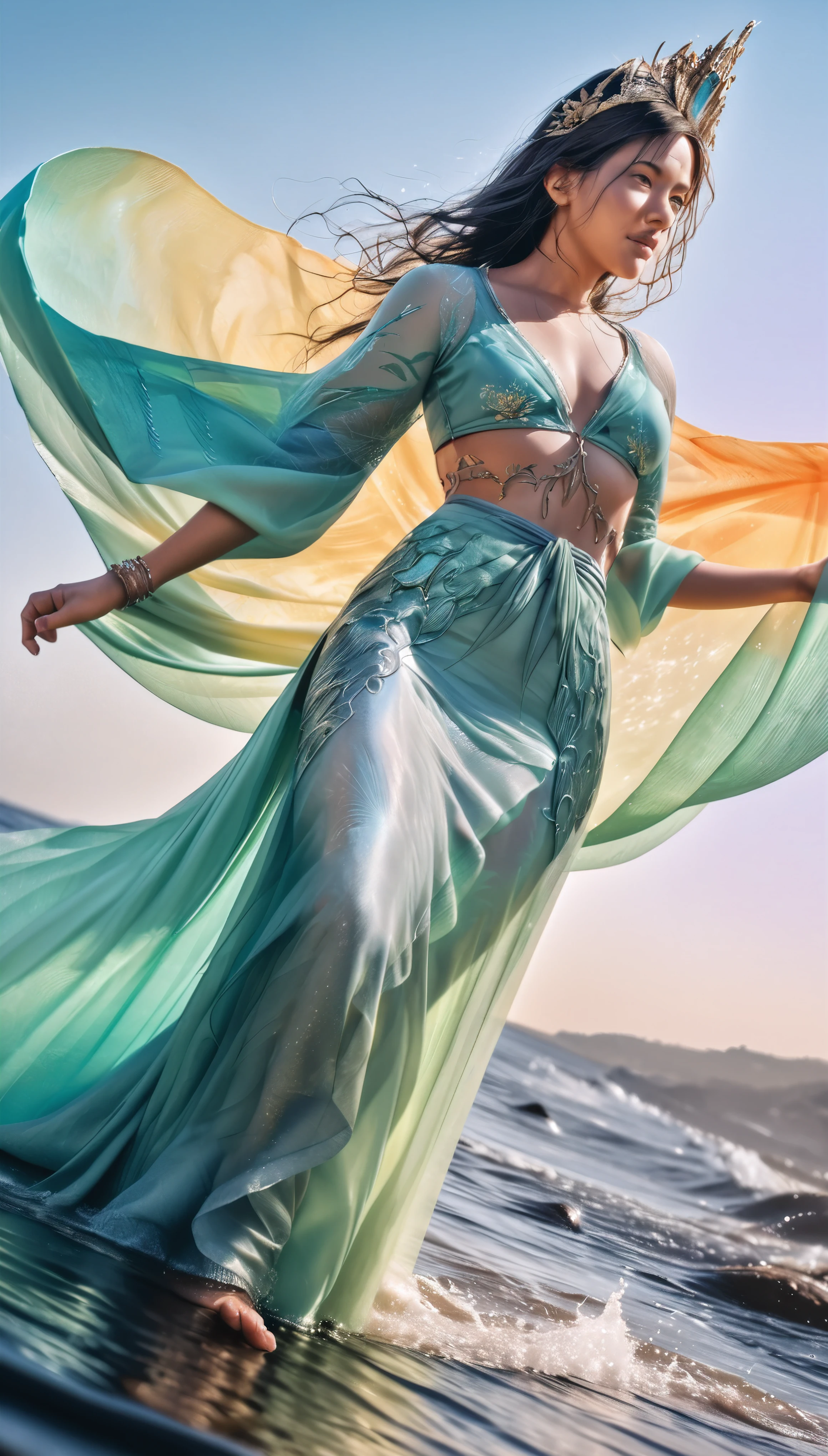 (Dramatic angle,Dynamic angle), (best quality,4k,8k,highres,masterpiece:1.2),ultra-detailed,(realistic,photorealistic,photo-realistic:1.37),(1 girl),Delicate sea-inspired headpiece, Flowing chiffon or silk robe in a gradient of ocean hues, Embroidered aquatic motifs of fish and seaweed, High-waisted design with a drawstring or sash, Tiered ruffles or godets for added movement, Scalloped or wave-edged hemline, Iridescent bead or sequin embellishments, Barefoot for a direct earth connection, Soft, melodic anklets, Body art in blue and green hues resembling water, Dawn or dusk setting for a serene glow, Wide sheer shawl with a simple border of aquatic life, Large enough to drape over shoulders and flow down arms, Complementary or contrasting color to the skirt, Delicate fringe or tassels on the shawl's edge, Ethereal and fluid silhouette, Symbolic of the water god's domain, Culturally sensitive and respectful design, Sustainable and eco-friendly materials,Mermaid silhouette, A-line cut for subtle elegance, Multiple sheer layers for a cascading effect, Opaque underlay for modesty, Chiffon for lightness and airiness, Silk for a luxurious sheen, Organza for structure and crispness, Intricate silver-thread embroidery of aquatic scenes, Subtle water-themed prints for added depth, Scalloped hem for a wavy, natural flow, Ruched detailing for texture and a dynamic silhouette, Beaded waistband for sparkle, Tie-dyed gradient at the waist symbolizing the earth-to-water transition, Strategic slits for enhanced movement and layer revelation, Fluttering fabric strips at the hem for gentle wave-like motion, Culturally inspired patterns for authenticity, Eco-friendly fabric choices and dyeing methods for sustainability.