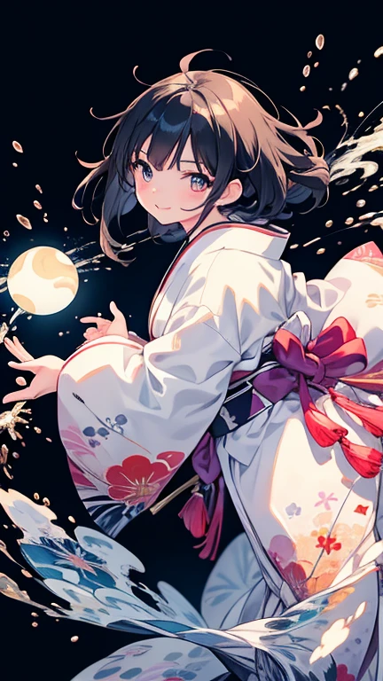 Anime Style,highest quality, masterpiece,Black Hair, Flashy kimono, iris,Simple Background,One Girl, Exciting Moves,Japanese style