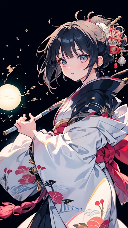 Anime Style,highest quality, masterpiece,Black Hair, Flashy kimono, iris,Simple Background,One Girl, Exciting Moves,Japanese style
