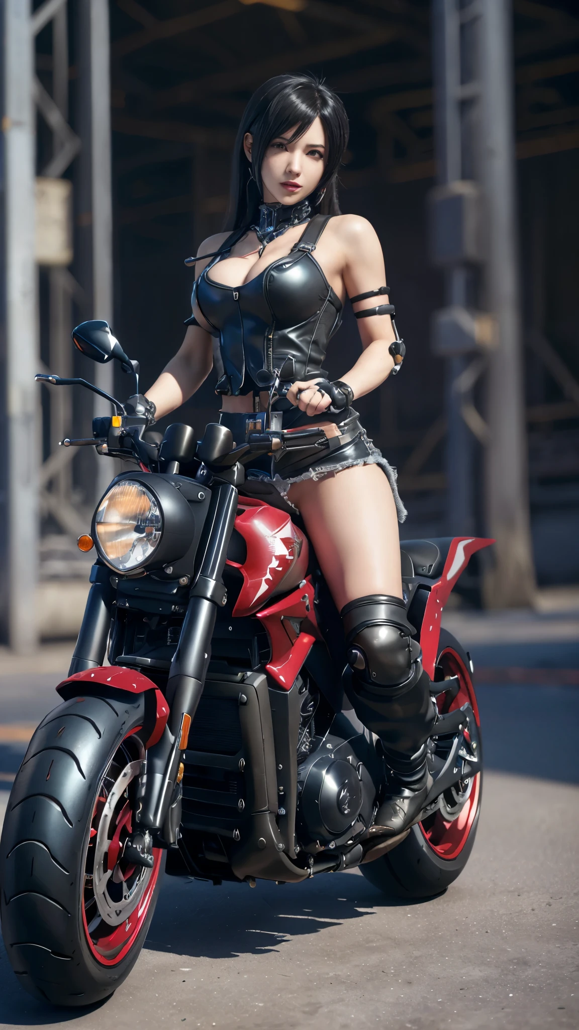 Tifa Lockhart, mksks style, (Highly detailed background:1.0), (Highly detailed background:1.0), Final Fantasy VII Remake, (Red eyes), One girl, Black Hair, (Tifa Rockheart style:1.4), (Cyber motorcycle:1.5)