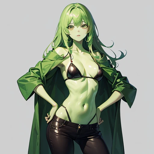 A skinny girl with green skin