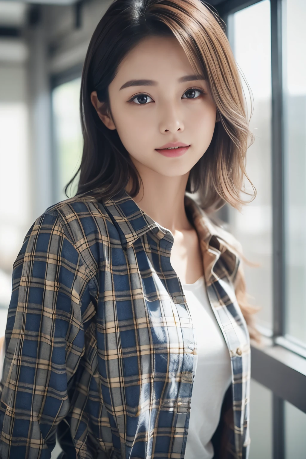jeans、Plaid check shirt、Pump、Delicate face、Delicate lips、Delicate eyes、Smooth and radiant skin、The only person
