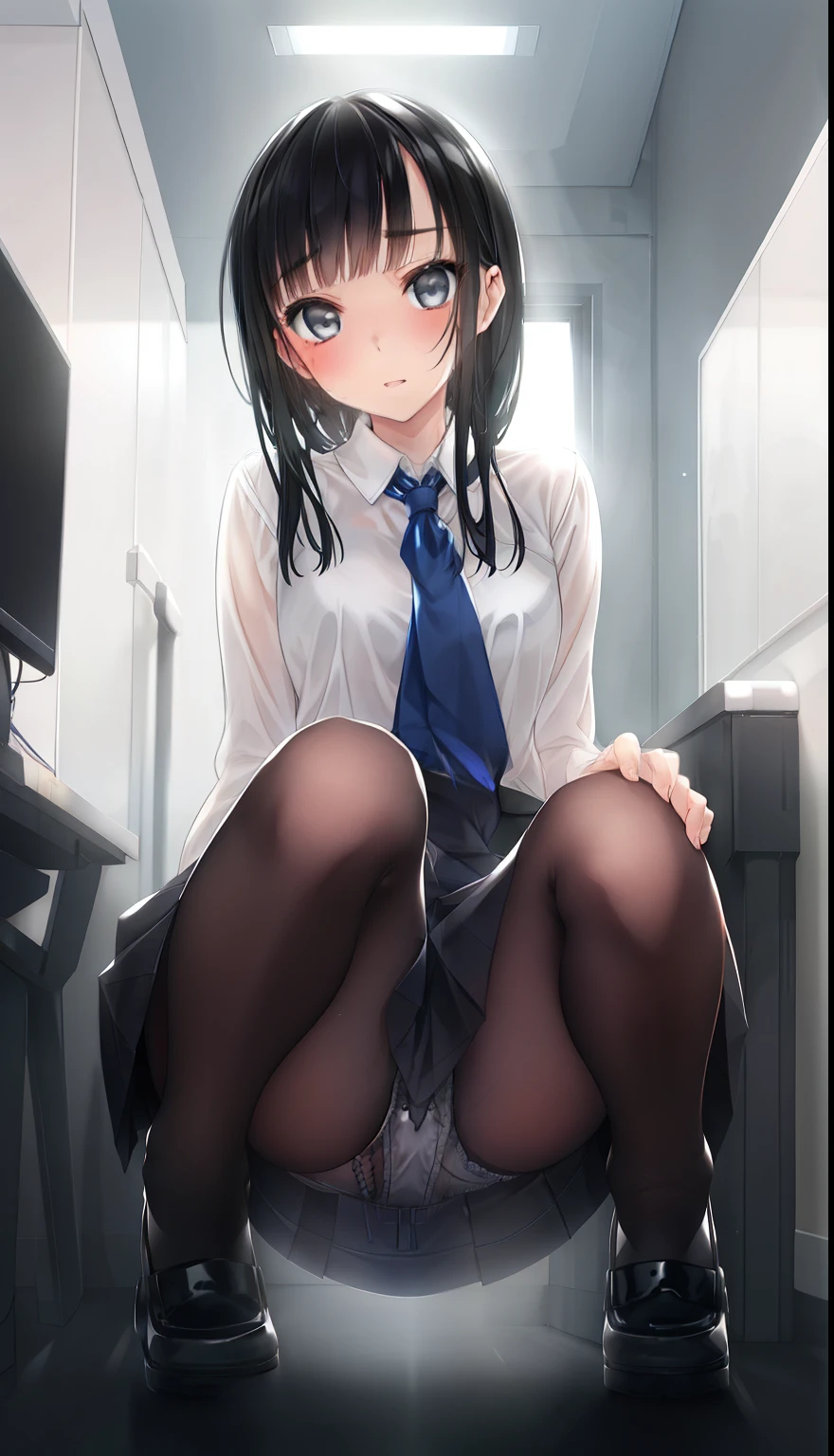 One Girl、positive、Standing posture、Full body portrait、Black Hair、Medium Haircut、blush、Absolute area、Black knee-high socks、Knee-length、stockings、Black Pantyhose、White underwear、Light blue shirt、Blue-gray business suit、Grey tight mini skirt、Japanese office lady、Summer clothes、office、Daytime、(Very large breasts)、Cleavage、open chest shirt、((Lesbians all over the world))、masterpiece、(highest quality)、
Panties around the ankles、Black high heels