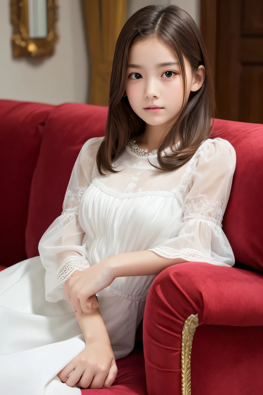 ((highest quality)), ((Photo quality)), (detailed), Perfect Face,,sofa,Thin,White Dress