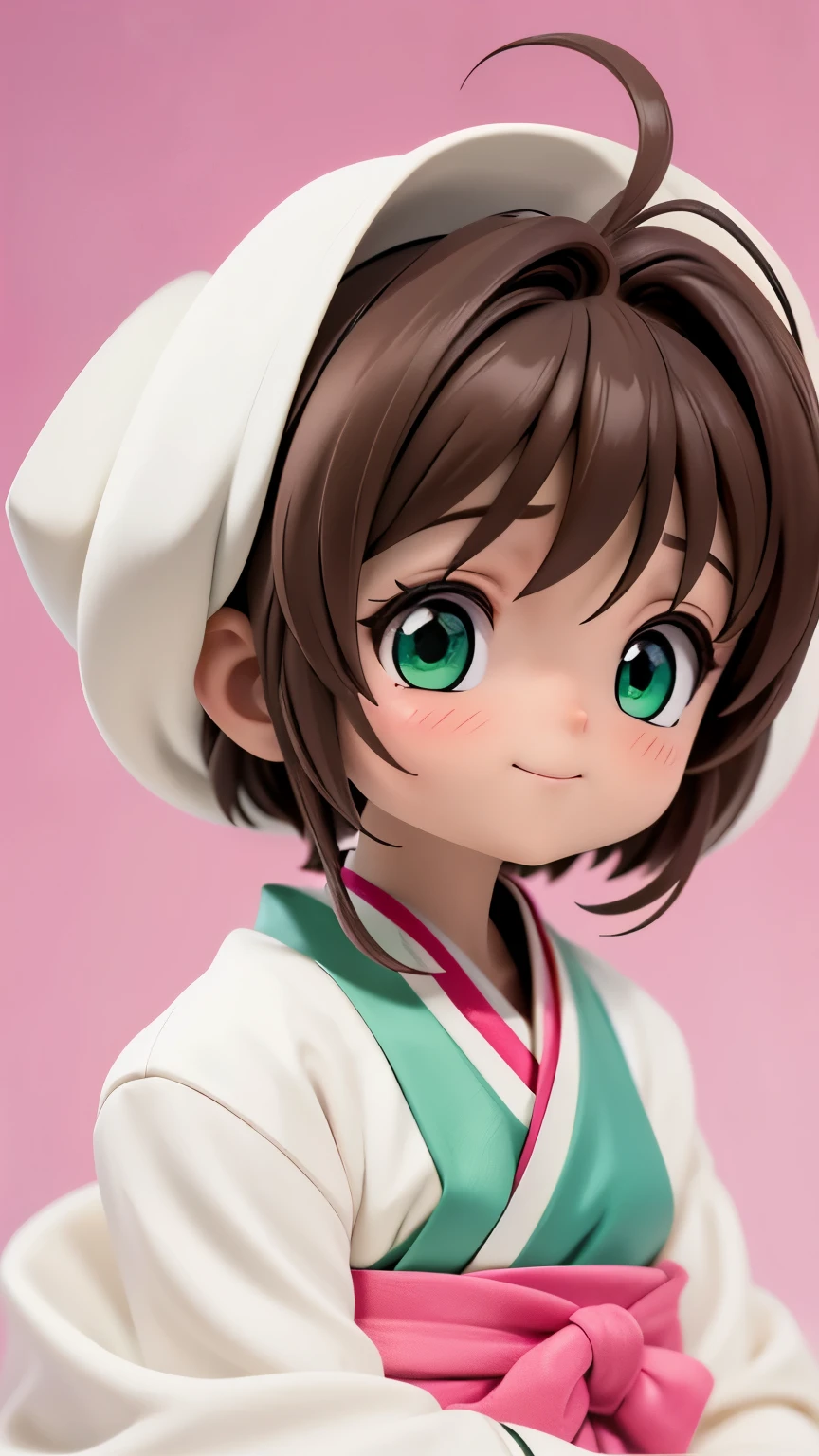 1girl，Q version，***********，Sakura Kinomoto，Green eyes，Short brown hair，Laugh out loud，Shy expression，White and pink Hanfu，Color block fantasy background，Upper Body，Highest quality，Ultra HD，(Details)，(masterpiece)，(best quality),(Light Layer)，Textured Skin