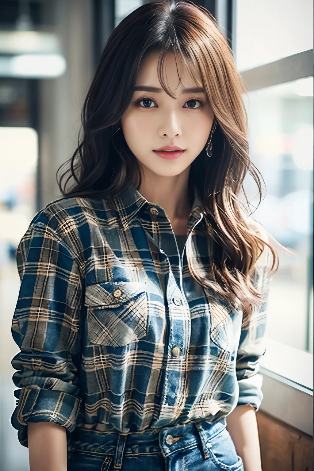 jeans、Plaid check shirt、Pump、Delicate face、Delicate lips、Delicate eyes、Smooth and radiant skin、The only person