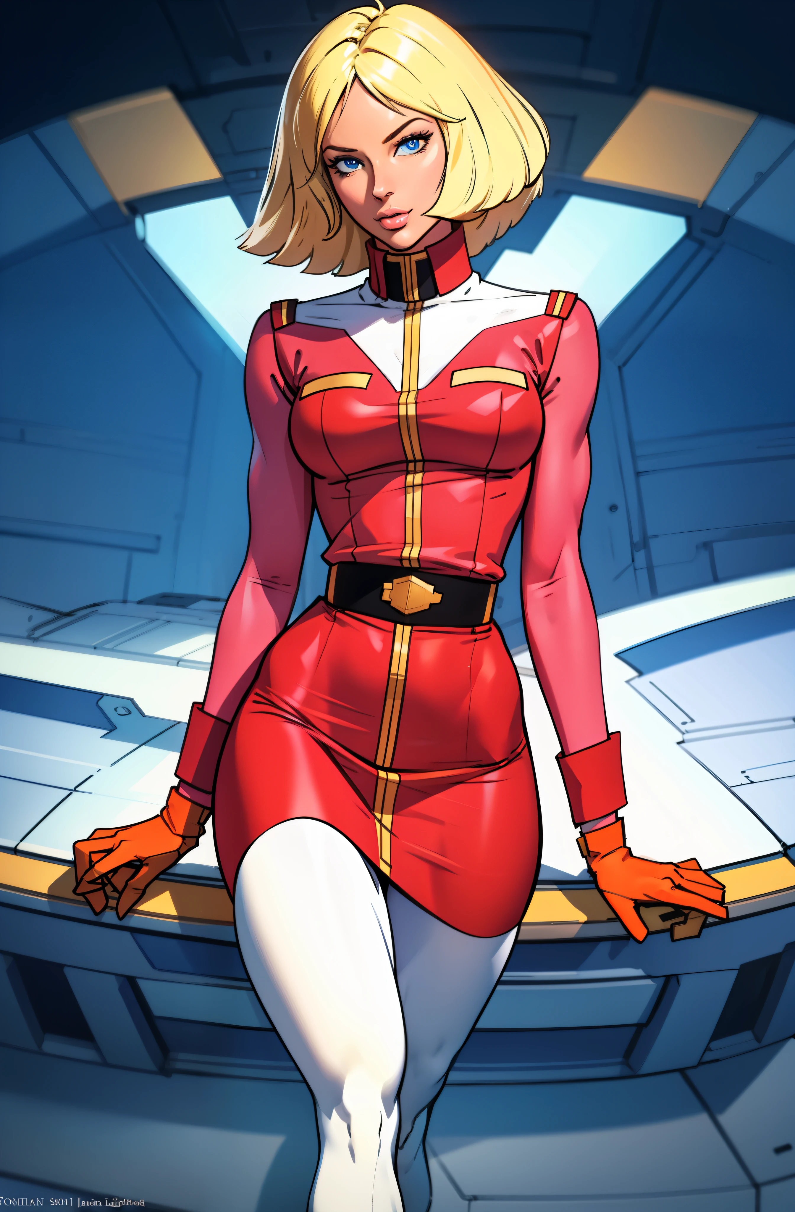 ((masterpiece)), ((cinematic lighting)), realistic photo、Real Images、Top image quality、1girl in, sayla mass, Elegant, masterpiece, Convoluted, slim arms, wide hips, thick thighs, thigh gaps, Best Quality, absurderes, high face detail, Perfect eyes, mature, Cowboy Shot, , Vibrant colors, light babypink uniform, light babypink Skirt, white tights