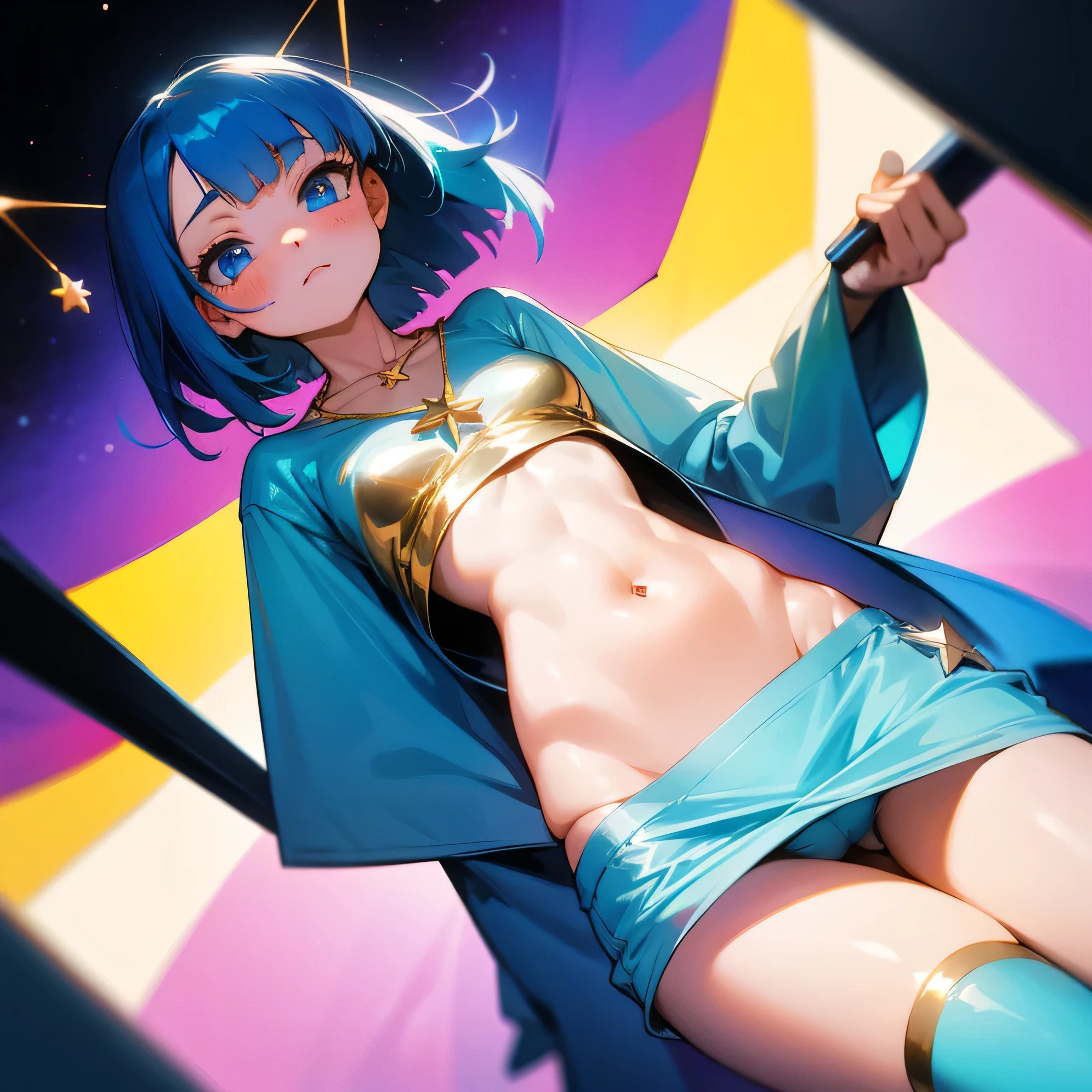 1girl,mature female,solo,tiny breasts,blue hair,medium hair,short bangs, water blue eyes, shy expression,(Star Pendant Necklace), Cute blue croptop, mini skirt, Cute light blue panties, large stockings, in your room,Tight clothes, colorful, interesting perspective, golden proportion, aurea proportion, Blushed,flat tummy,interesting pose, unique art, detailed body