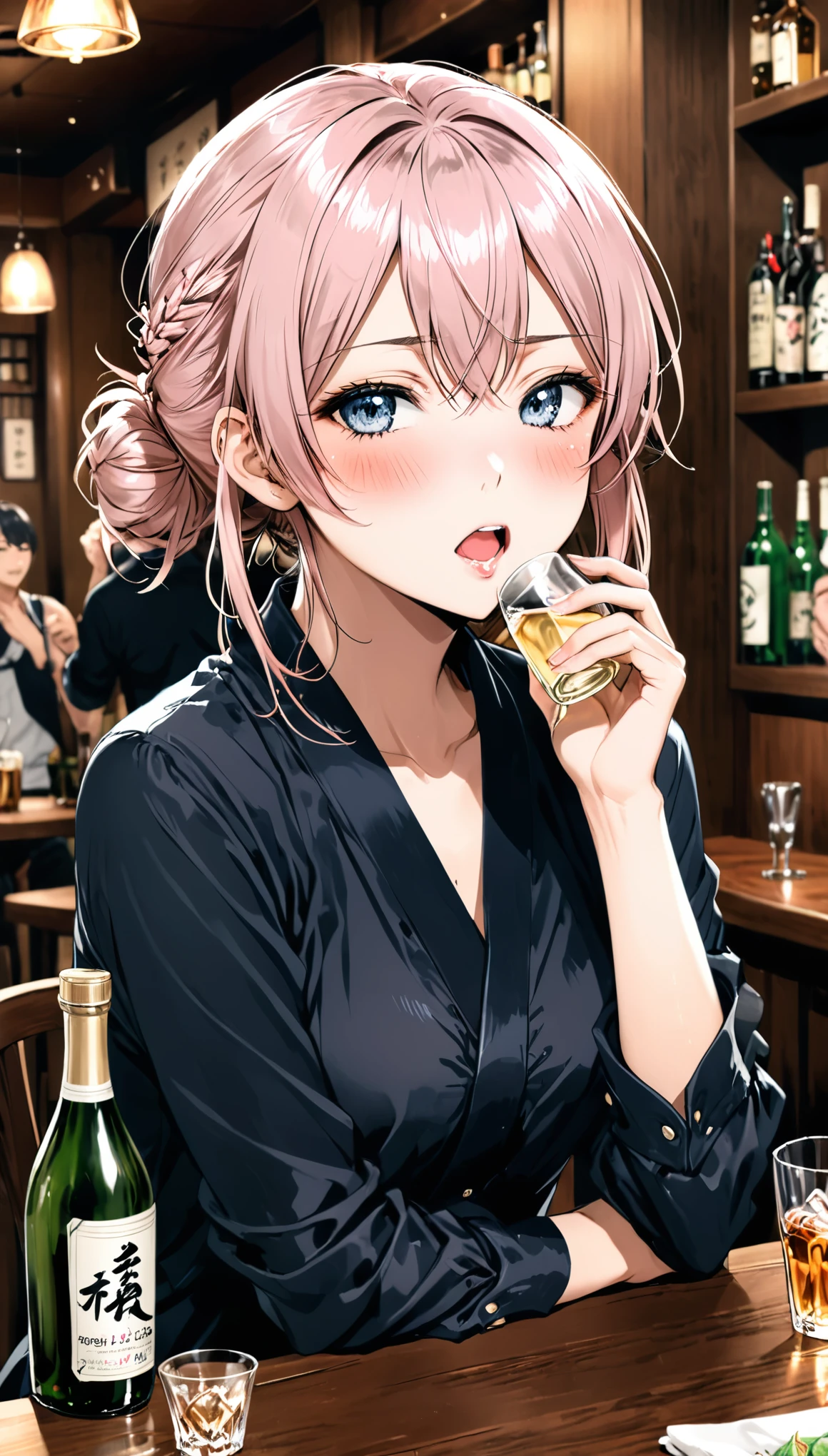 in style of Takeshi Obata,character concept design,half body,girl,Drunken expression，Sake，Bistro，,(drunk:1.6),holding_bottle,sitting_on_table,:d,(blush:1.6),（perfect hands：1.37）