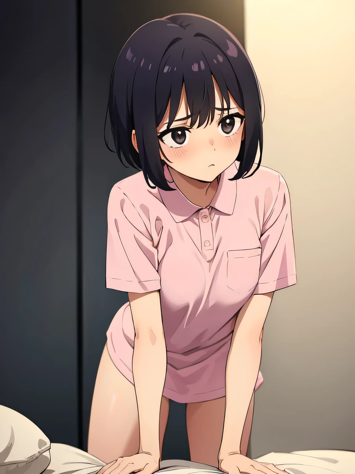 1. Beautiful girl in a pink polo shirt, short hair, Small breasts, Embarrassing, Beautiful fingers, Shyness, worries, Black Hair, No underwear, Bending over Black eyes Hospital Beautiful Cute High quality Short sleeves No bra On all fours Naked