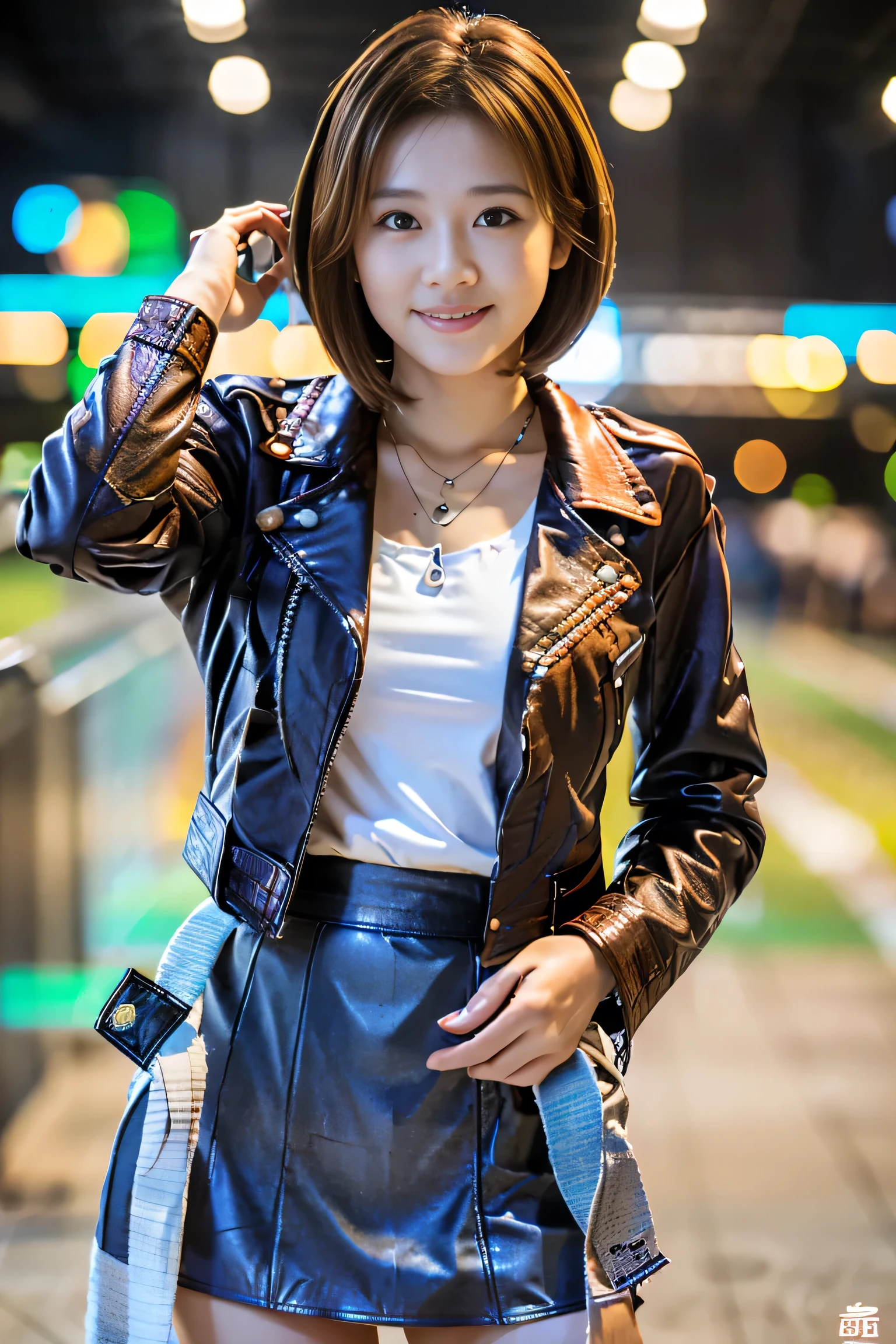 (Full body shot from head to toe:1.5),(18-year-old female),((Mini tight skirt:1.5)), (The best quality at its best:1.4), (Super detailed), (Very detailed CG unified 16k), Beautiful woman with perfect figure: 1.4, Sharp focus: 1.2, Very detailed, High-quality RAW color photos, Professional photography, Great face and eyes, Beautiful eyelashes、(Amazingly beautiful girl),((Leather jacket:1.5)), Are standing, Sexy posture，(airport:1.3), (View from below), Realistic movie faces, Realistic, ((Natural light brown hair color, Realistic blue eyes)),( Short Bob Hair:1.5), (necklace:1.5)、Very beautiful face, Perfect model beauty, Mouth swelling, Highly detailed face and skin texture, double eyelid, Medium chest, smile, (masterpiece), highest quality, High resolution, Very detailed, Blurred Background, Cinema Lighting, Great legs, Clear, well-maintained skin,
