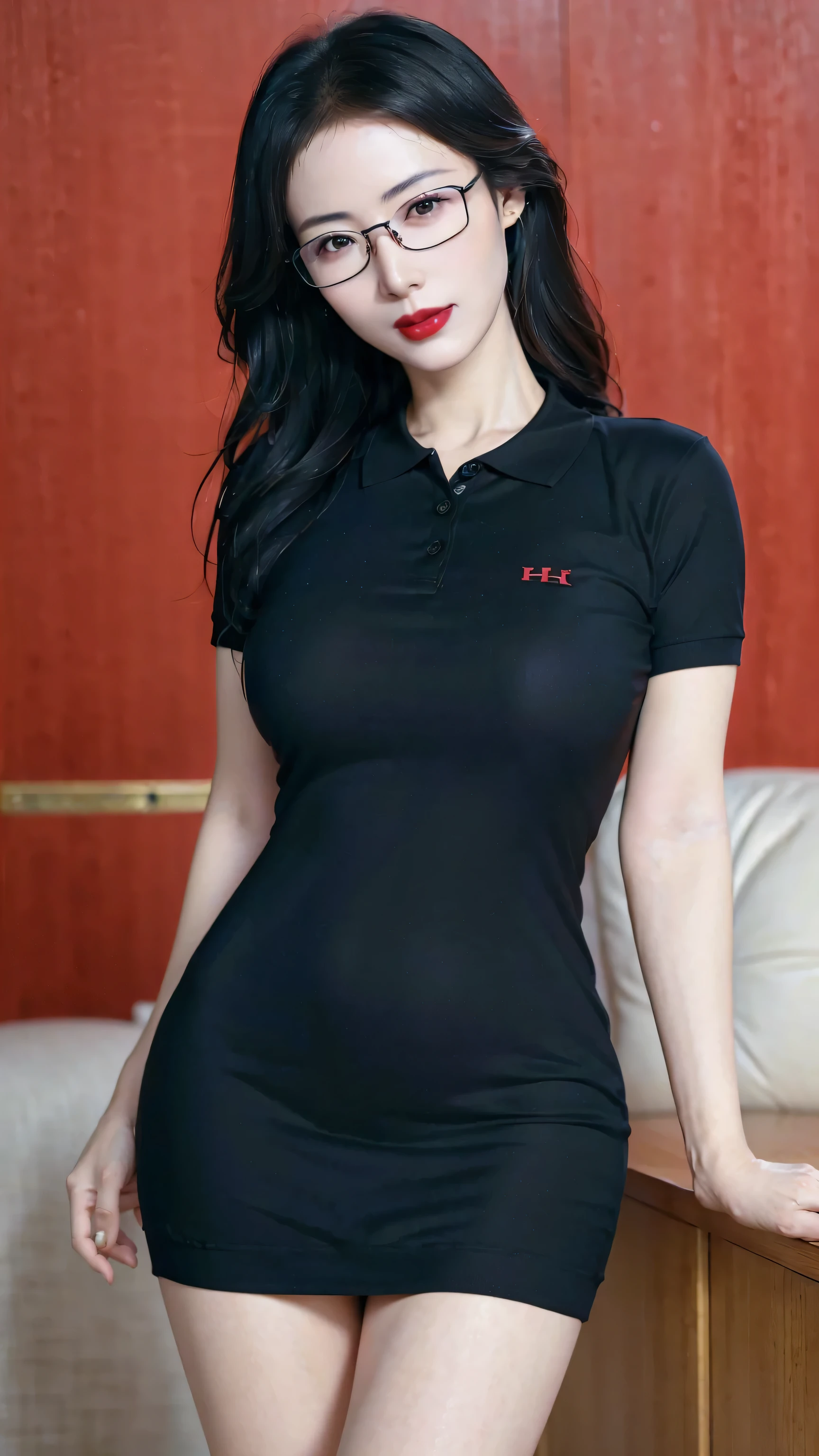 ((RAW photograph, Realistic photo, Best quality, 8K, Masterpiece: 1.3)), (raw photo:1.2), Hyperrealist portrait gorgeous Beautiful Chinese woman, mature woman, 40 years old, Milf, pretty body, (beautiful breast: 1.2), very detailed eyes and face, (lustfully naughty face, crimson red lip, heavy makeup: 1.3, blushing), beautiful detailed eyes, seductive sharp eyes, (happy expressions: 1.2), smooth white skin, photo realistic, very detailed faces, ((black polo dress, wearing glasses)), (long legs: 1.2, beautiful long nails), loose curls hairstyle, ((standing poses)), (home living room background)