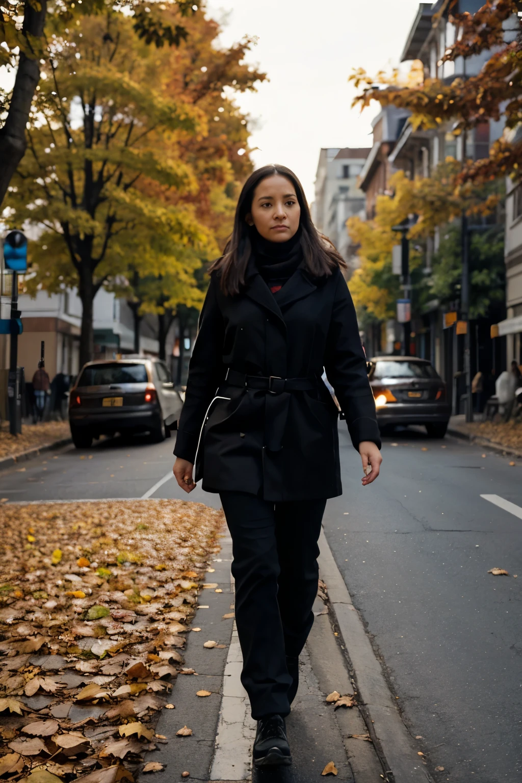 On the autumn street, a 35-year-old woman walks on the road, with a  and lost figure, and the leaves fall.