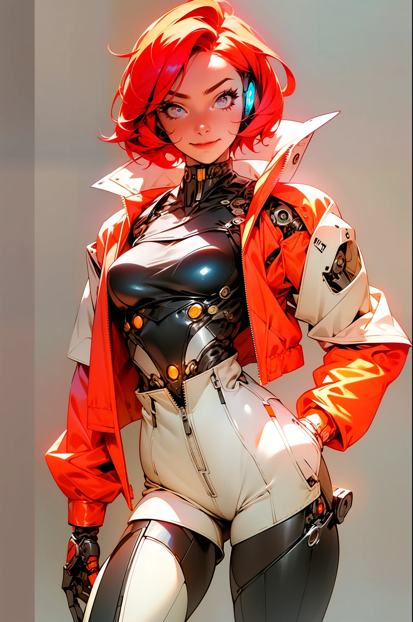 high quality, 4K, masterpiece, fair, cyborg girl, Cowboy shooting, Looking at the audience, Red short hair, girl, Medium breasts, Slender thighs, Robotic Arm, robot body, cyborg body, Intricate details, United, Detailed lines, robotic details, fist up, fist up, Colored parts, Colored parts, Glowing eyes, Luminous parts, Fingers crossed, jacket, jacket over robot parts, short jacket, half jacket