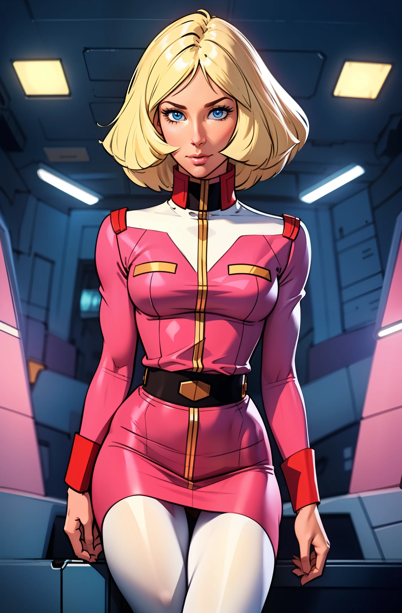 ((masterpiece)), ((cinematic lighting)), realistic photo、Real Images、Top image quality、1girl in, sayla mass, Elegant, masterpiece, Convoluted, slim arms, wide hips, thick thighs, thigh gaps, Best Quality, absurderes, high face detail, Perfect eyes, mature, Cowboy Shot, , Vibrant colors, soft pink uniform, soft pink Skirt, white tights