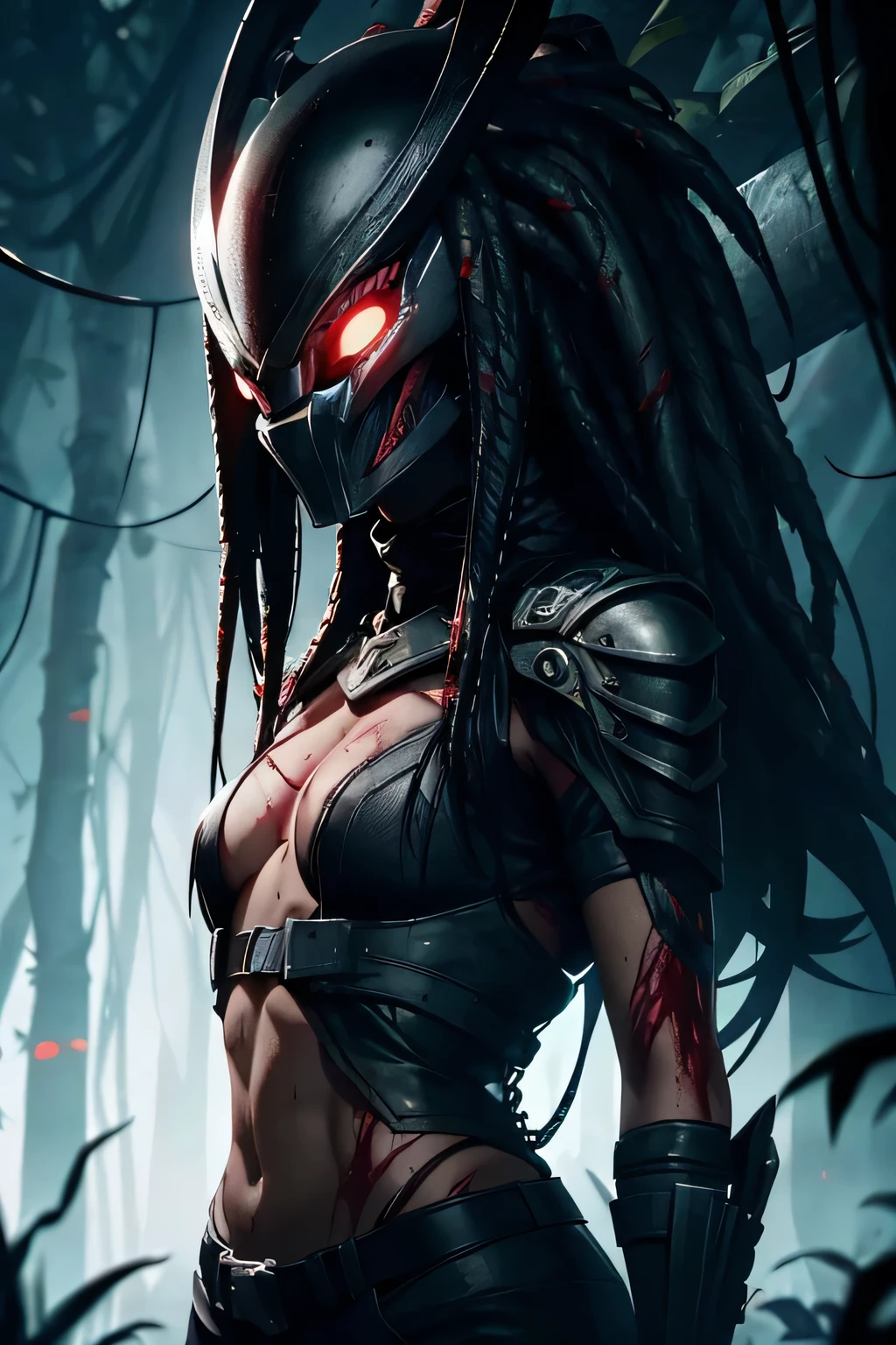 On the night in the jungle , the predator face mask, the predator mask, the predator cosplay, the predator le film,gros seins, alien vs predator, the predator, sexy woman predator, predator, one girl with a predator combine , predator movie, no white lights Just a red light glowing, sexy predator , drops of blood, traces of blood, blood on lips, blood on the walls, horor, stressant, gore, chains hanging, chains stretched everywhere, tombeau, without light, red light glowing, dark, sombre, lights effects, peur, effrayant, seductive, seductive animated girl, sexy,