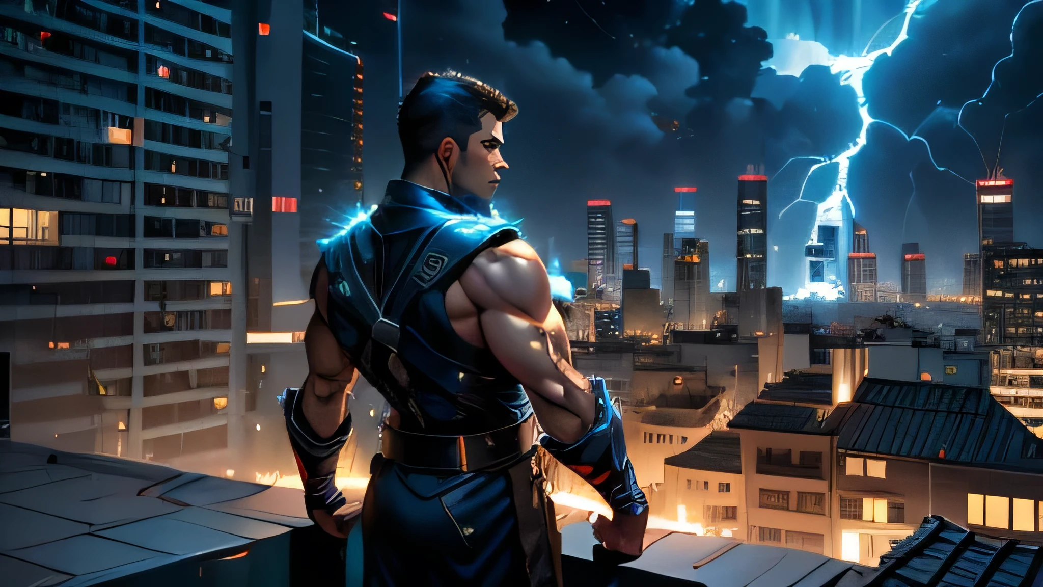 Homem, 40 anos, forte, hero with lightning power, on the roof of a tall building, observando a cidade noturna futurista, ambiente futurista, High definition, detalhes precisos, paleta de cor avermelhada.
