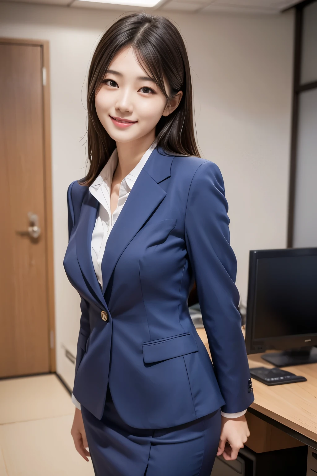 skirt,suit, Two Japanese, woman, Beautiful face, (suit:1.1), office, highest quality, (realism: 1.4), Beautiful Face, An innocent smile, Natural Makeup,Small breasts