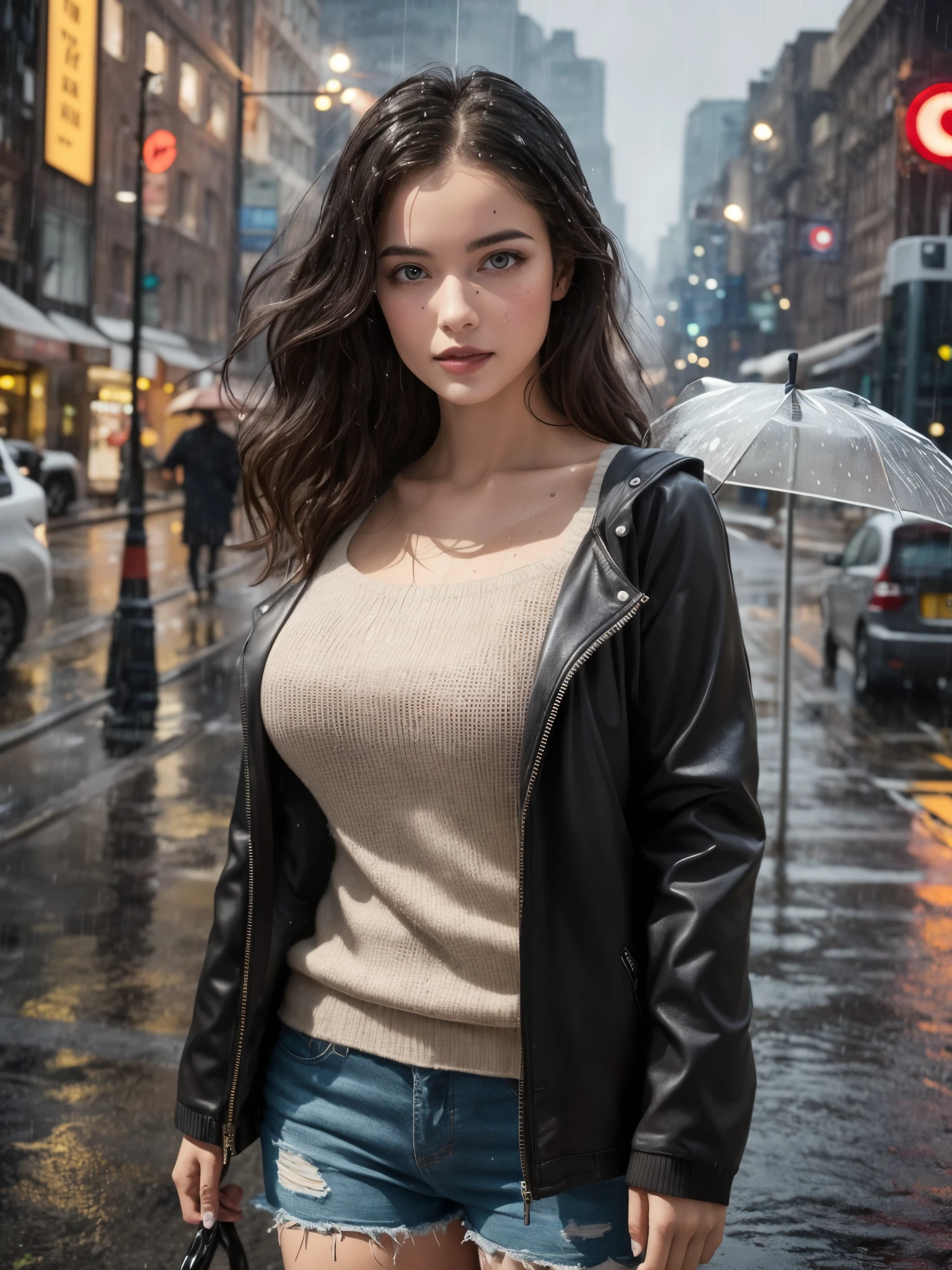 girl wearing funnel sweater, BREAK, 1girl, detailed face, funnel neckline sweater, (big eyes:1.2), (windswept hair:1.2), looking at viewer, zipper, modern, brave, smart, beautiful, golden hair, red hood jacket, (torrential rain:1.2), confident, city sidewalk, traffic jam, sharp focus, (realistic:1.3), illustration, octane render, walking, wet, wet hair, wet clothes, water splash, (pouring rain:1.2), gigantic breasts, 