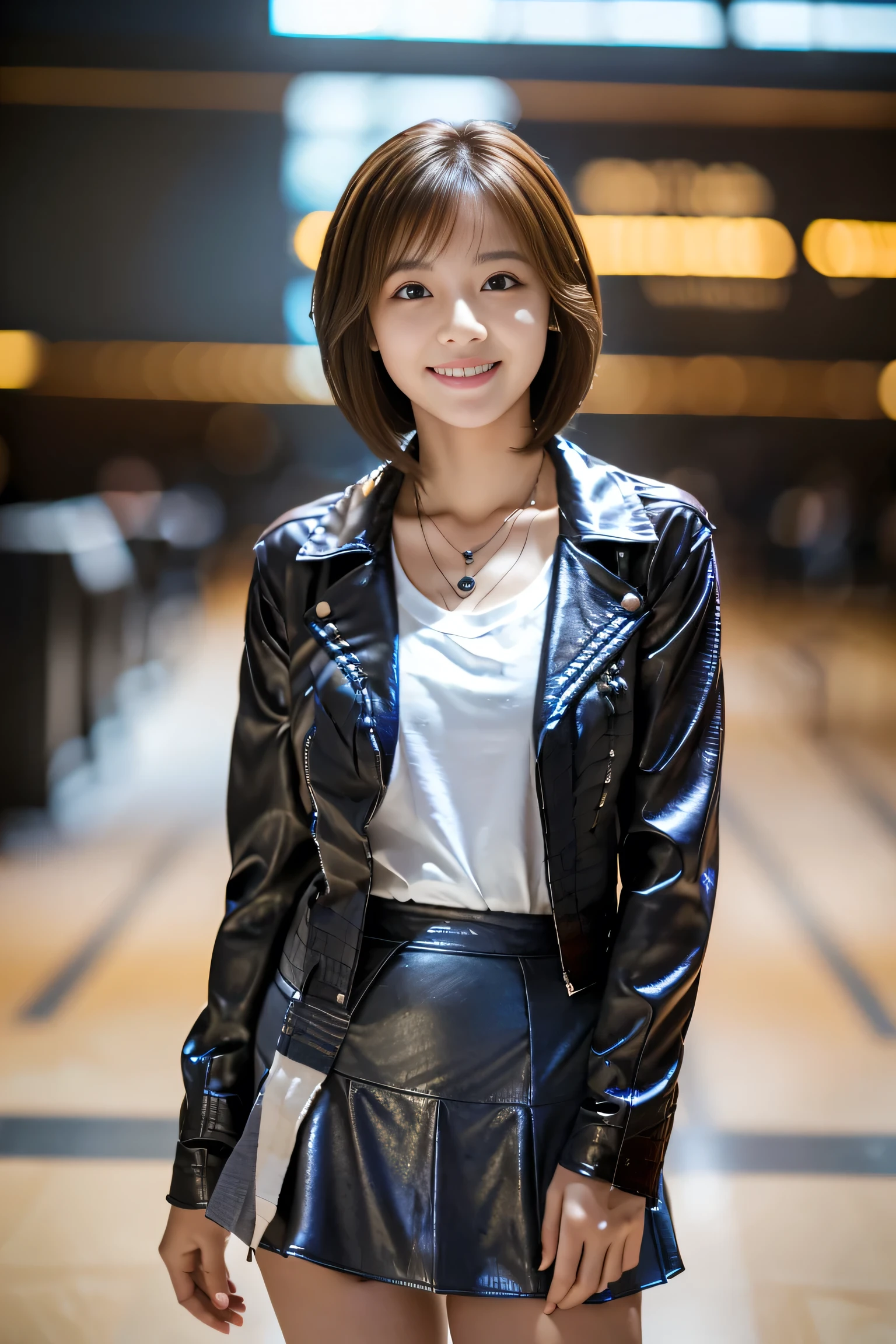 (Full body shot from head to toe:1.5),(18-year-old female),((Mini tight skirt:1.5)), (The best quality at its best:1.4), (Super detailed), (Very detailed CG unified 16k), Beautiful woman with perfect figure: 1.4, Sharp focus: 1.2, Very detailed, High-quality RAW color photos, Professional photography, Great face and eyes, Beautiful eyelashes、(Amazingly beautiful girl),((Leather jacket:1.5)), Are standing, Sexy posture,(airport:1.3), (View from below), Realistic movie faces, Realistic, ((Natural light brown hair color, Realistic blue eyes)),( Short Bob Hair:1.5), (necklace:1.5)、Very beautiful face, Perfect model beauty, Mouth swelling, Highly detailed face and skin texture, double eyelid, Medium chest, smile, (masterpiece), highest quality, High resolution, Very detailed, Blurred Background, Cinema Lighting, Great legs, Clear, well-maintained skin,