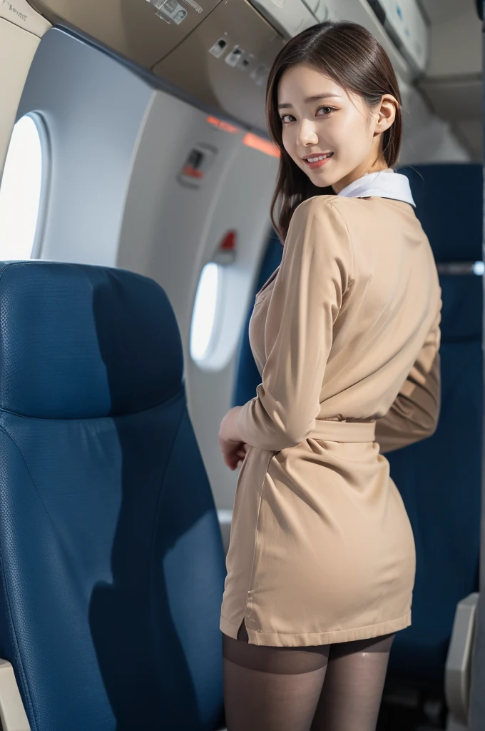 (8K, best quality, masterpiece:1.2), (realistic, photo-realistic:1.37), (high color saturation:1.0), (highly detailed skin), (highest quality:1.0), (ultra high resolution:1.0) ,(realistic:1.0), (Super detailed:1.0), (8K, Raw photo:1.1)、standing random pose, smiling, natural breast, perfect lighting, 3girls, 24years old, (mysterious), clear and detailed, ((ANA_Cabin Crew, blue flight attendant_uniform)), beige pantyhose, (aircraft, aircraft seats), cute face, looking at back viewer, visual panty line,