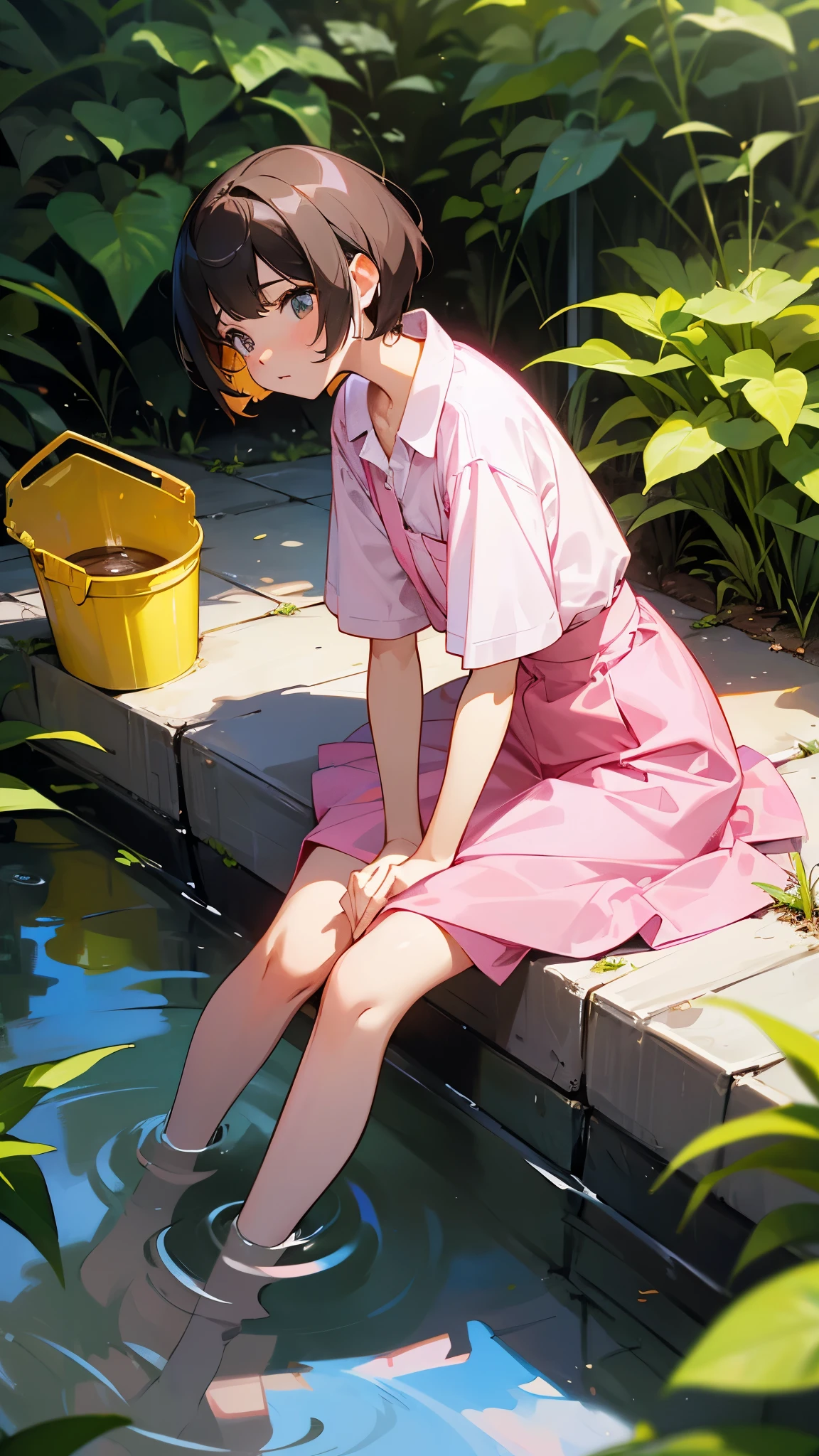 A with short hair in a pink shirt and yellow skirt was looking at a puddle of water, a bucket and also a plastic bottle containing mosquito larvae using a magnifying glass while sitting with a shocked expression on her face in her yard.