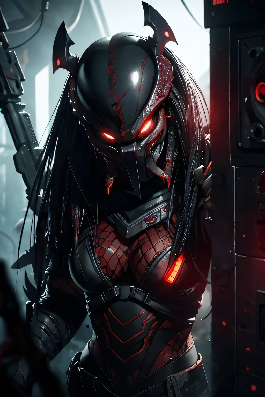 On the night in the jungle , the predator face mask, the predator mask, the predator cosplay, the predator le film, alien vs predator, the predator, sexy woman predator, predator, one girl with a predator combine , predator movie, no white lights Just a red light glowing, sexy predator , drops of blood, traces of blood, blood on lips, blood on the walls, horor, stressant, gore, chains hanging, chains stretched everywhere, tombeau, grotte intérieure without light, red light glowing, dark, sombre, lights effects, peur, effrayant, seductive, seductive animated girl, sexy,