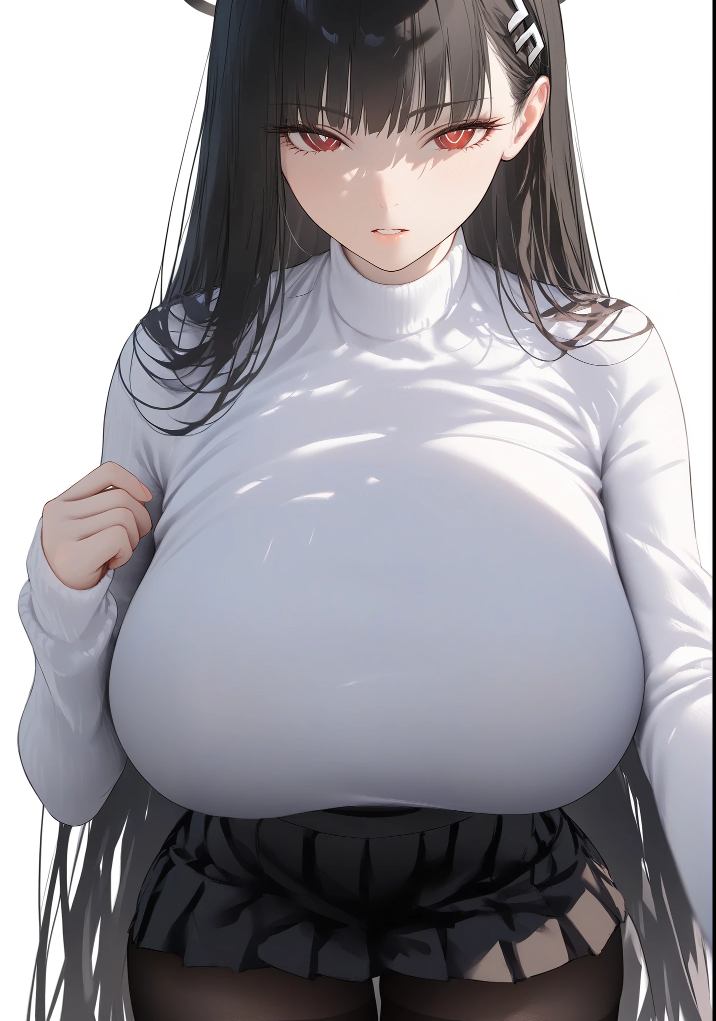 1girl, solo, official art, no text, rio \(blue_archive\), halo, long hair, breasts, big breasts, looking at viewer, white sweater, black skirt(pleated skirt), thighband pantyhose, standing, white background, depth of field, masterpiece, best quality, realistic light and shadow, high key lighting, (balanced photo, balanced exposure), view from front 1.1, pov, newest