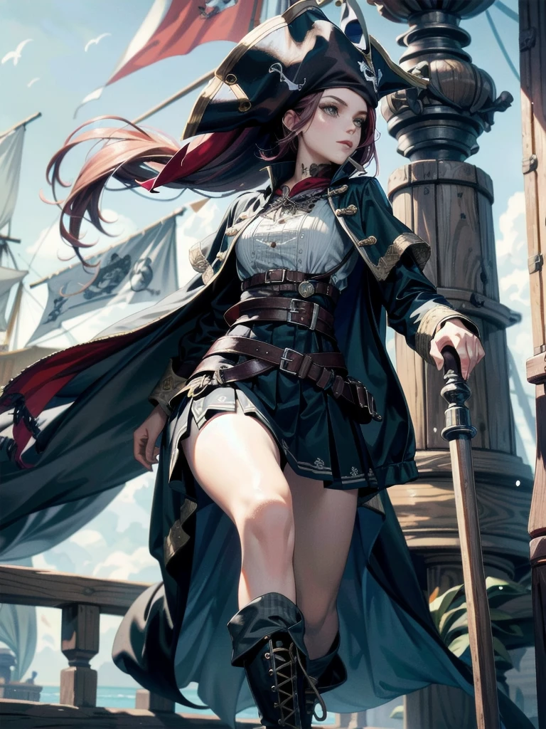 Practical pirate clothing, Long-sleeved pirate top, Skirt, boots, absurdres, extremely delicate and beautiful, masterpiece, Best Quality, ultra high resolution, 32k, ultra-detailed,