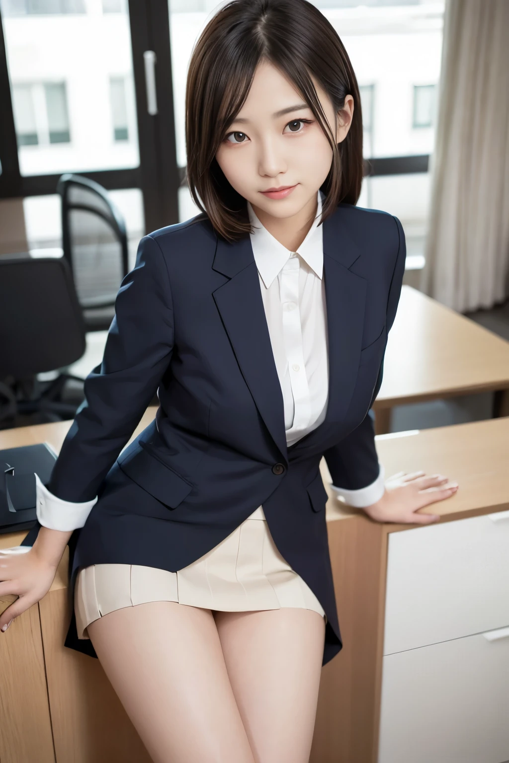 skirt,suit, Two Japanese, woman, Beautiful face, (suit:1.1), office, highest quality, (realism: 1.4), Beautiful Face, An innocent smile, Natural Makeup,Small breasts