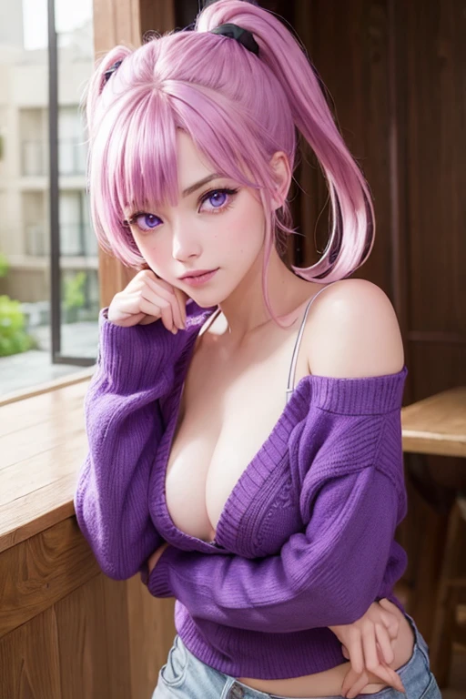 nanadevilluke, nanan, (purple eyes:1.4), (pink hair:1.2), two ponytails smile, BREAK demon tail, casual wear, BREAK looking at viewer, (cowboy shot:1.5), BREAK (masterpiece:1.2), best quality, high resolution, unity 8k wallpaper, (illustration:0.8), (beautiful detailed eyes:1.6), extremely detailed face, perfect lighting, extremely detailed CG, (perfect hands, perfect anatomy),