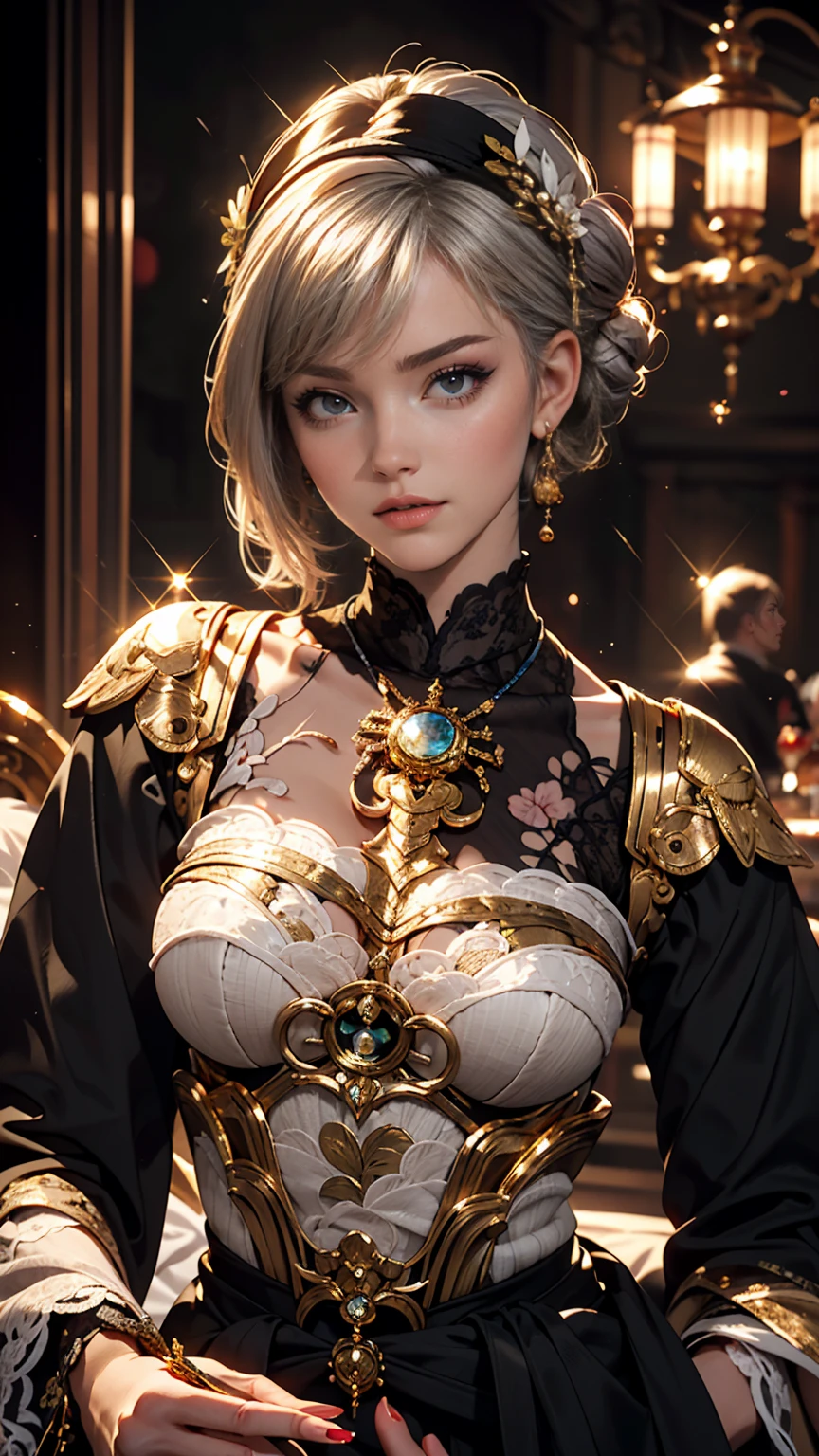Official art, Unity 8k壁纸, super detailed, Beautiful, Beautiful, masutepiece, Best Quality,
Deities々Atmosphere, mystery, romanticism, creepy, literary, Art Book, Fashion, Victorian, decoration, Complexity, Goldsmith, With golden lace, contemplation, emotional depth, Supernatural,,Magic Surround,(((golden light surrounds her:1.5))),
Woman with straight long hair and red lipstick, frederica, 16 year woman,a blond、perfect beautiful body、Perfect beautiful face、Old church、golden and black medieval dress、