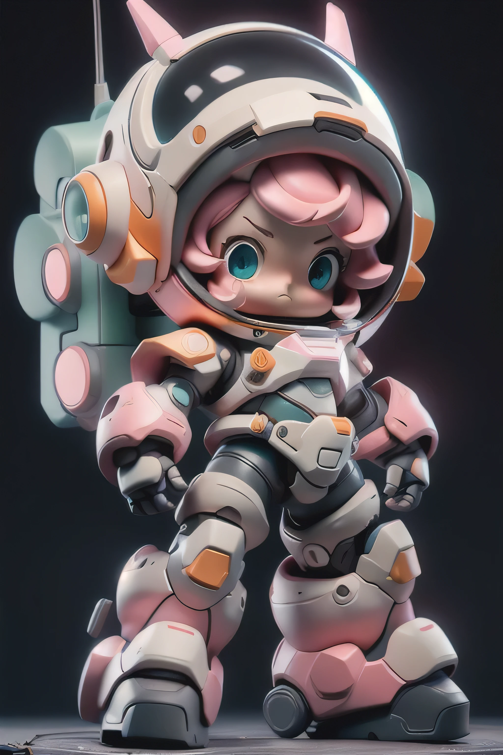 BJ_Cute_Mech,1girl,solo,blush,blue_eyes,holding,closed_mouth,standing,full_body,weapon,pink_hair,chibi,holding_weapon,armor,aqua_eyes,gun,astronaut_helmet,black_background,clenched_hand,holding_gun,mecha_musume,power_armor,cinematic lighting,strong contrast,high level of detail,Best quality,masterpiece,White background,